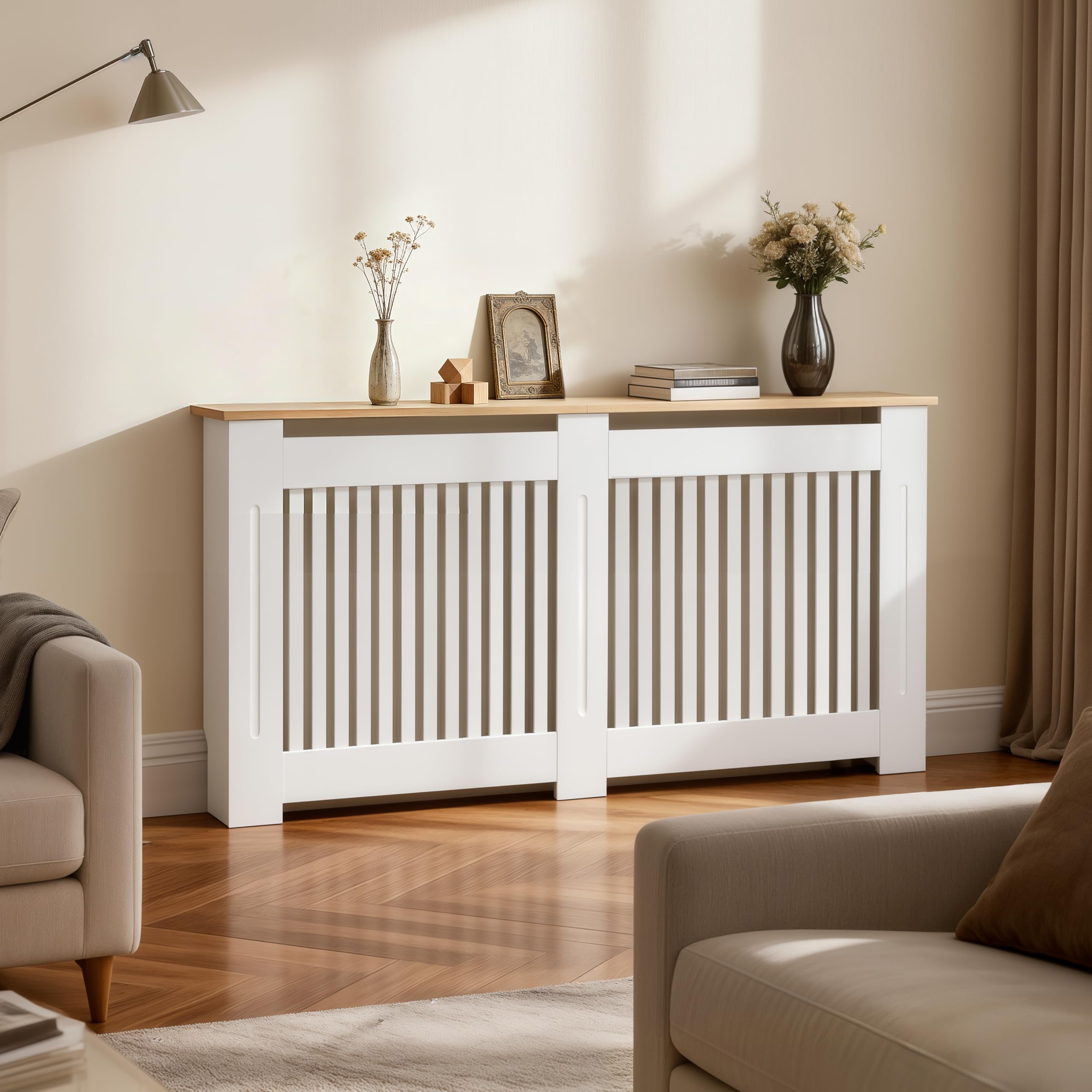 FATIVO Large Radiator Cover Vertical Slatted : MDF Heating Cabinet with Natural Wood Effect Shelf Top & Anti-Tipping Device, Decorative Radiator Guard for Living Room Bedroom Entryway Radiator Covers