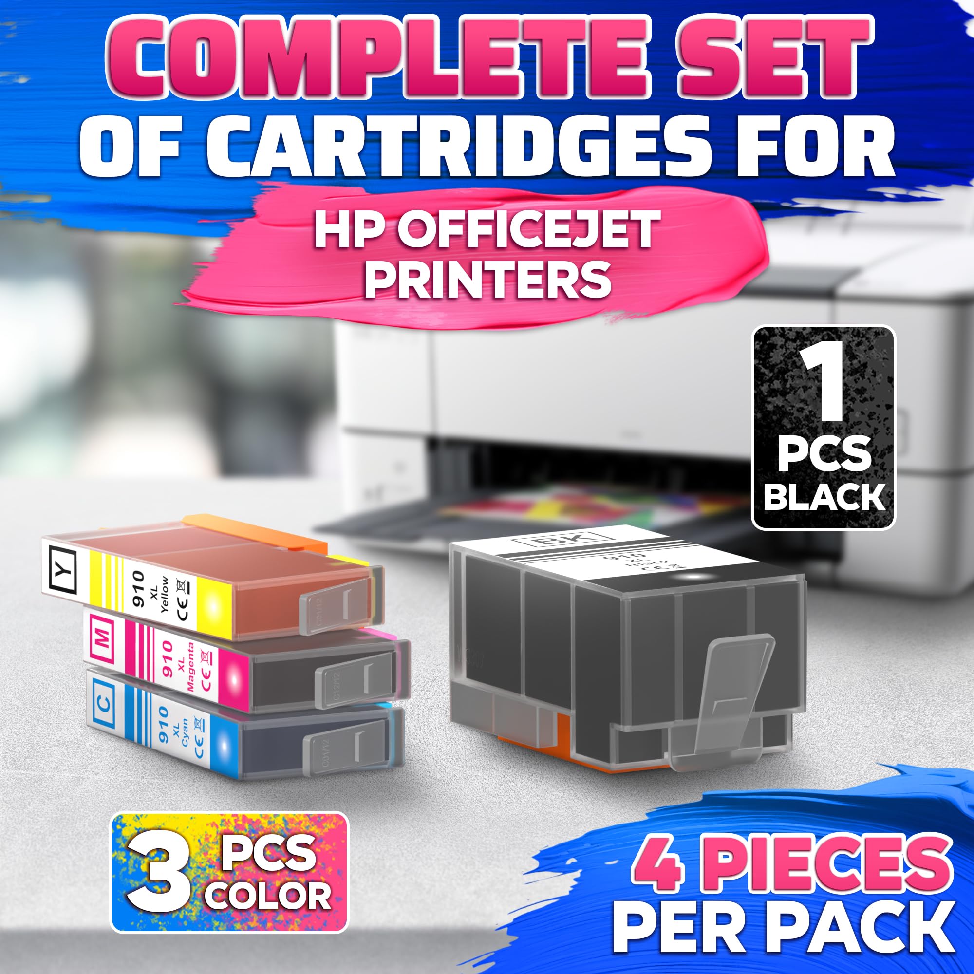 Confezione da 4 cartucce d'inchiostro 910XL per stampanti 910XL, nero e a colori per stampanti 8020, 8025, 8028, 8030, 8035, 8010, 8015, 8018, 8022, qualità di stampa affidabile e installazione rapida