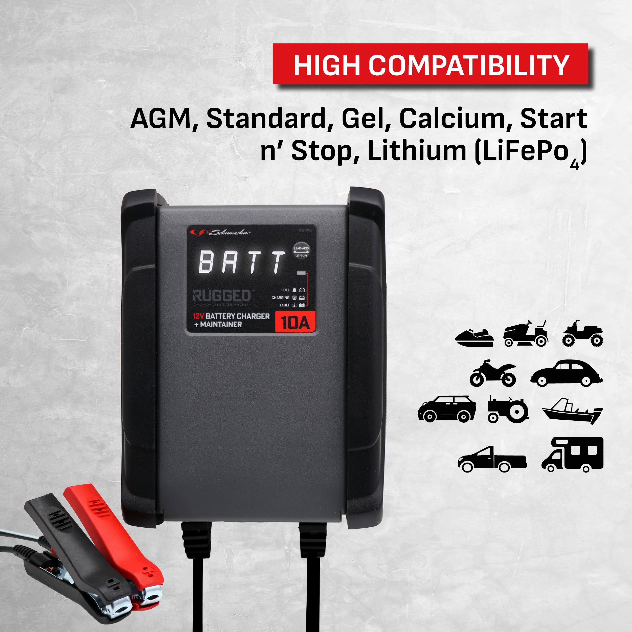 Schumacher Electric Rugged SPX460 - Ładowarka 12V 10A do akumulatorów - Inteligentny prostownik automatyczny - AGM, Żel, Lit, Start-Stop - Do samochodu i motocykla - Wydajny i wytrzymały zestaw