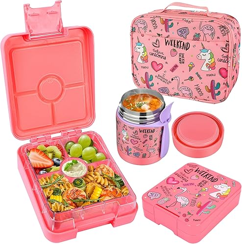 Miniatura 8 de Juego de lonchera Bento con termos de sopa de 10 onzas recipientes de almuerzo a prueba de fugas con 4 compartimentos termo caliente para niños