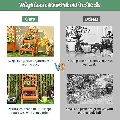Miniatura 7 de S AFSTAR Cama de jardín elevada de 2 niveles con enrejado, maceta de madera con enrejado de diamante, maceta elevada para plantas trepadoras de vid,