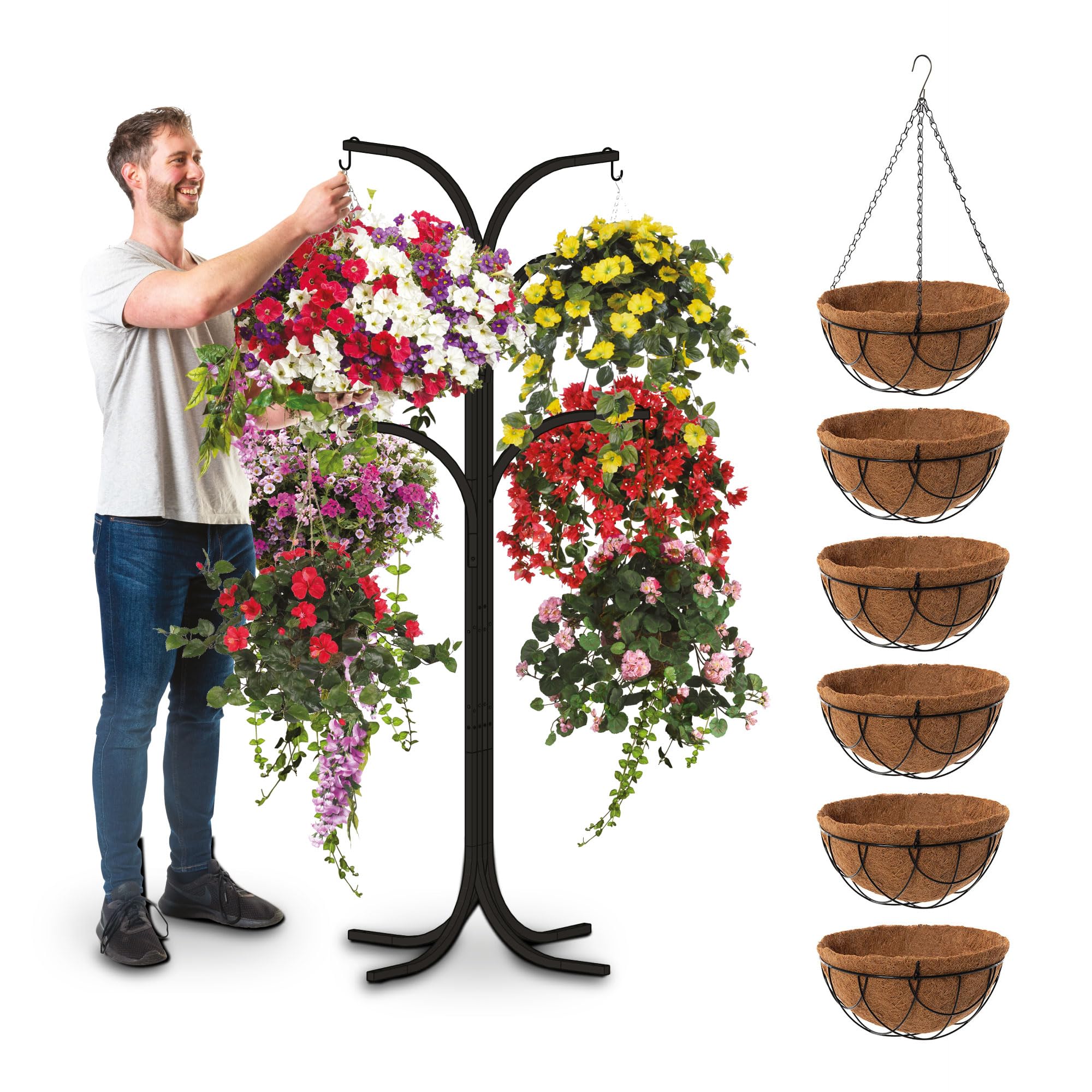 Bishop Flower Hanging Basket Bracket Display Stand Patio Planter Cascade Home Garden Centre Heavy Duty British Made (6 Arm Version With Hoop Wire Baskets)