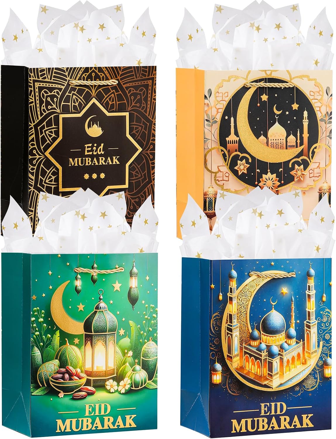 Enfoldia 4Pcs 9" Medium Eid Mubarak Gift Bags with Handles Gold Star Tissue Paper Ramadan Kareem Party Favor Bags Muslim Party Goodie Gift Bag Treat Bags Reusable Paper Bags Islam Party Decorations