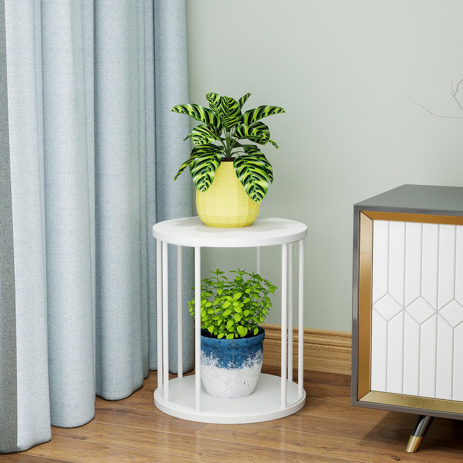 HDANI Juego de 3 Soportes Redondos para Plantas de Metal 35/45/55 cm,Soporte para Flores Sólido y Robusto para Salón,Jardín,Balcón,Taburete para Flores de Madera,Blanco