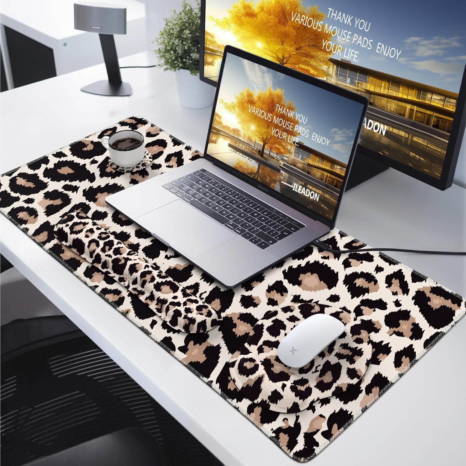 iLeadon Mouse Pad Set, Desk Mat + Mouse Pad with Wrist Rest + Keyboard Wrist Rest + Coaster, 4in1 Leopard Mouse and Keyboard Pad Set for Home Office, Classic Leopard