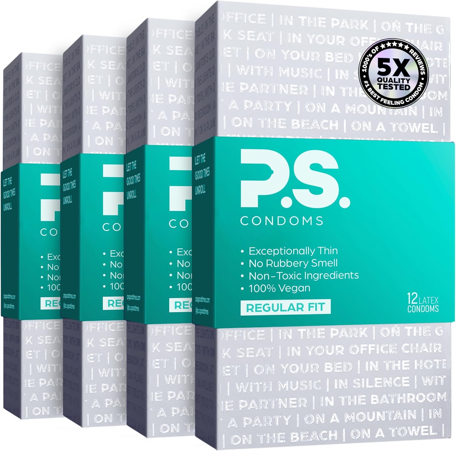 PS Condoms Exceptionally Thin Latex Condoms for Men - Odorless and 100% Vegan - Ultra Thin Lubricated Condom - 40% Thinner and Transparent - 48 Pack