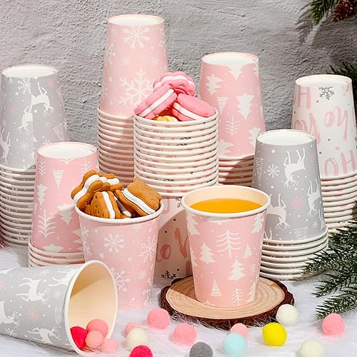Miniatura 5 de Maxcheck 100 vasos de papel rosa de Navidad de 9 onzas, desechables, copos de nieve rosados, alce, tazas de café de Navidad, bebidas calientes para