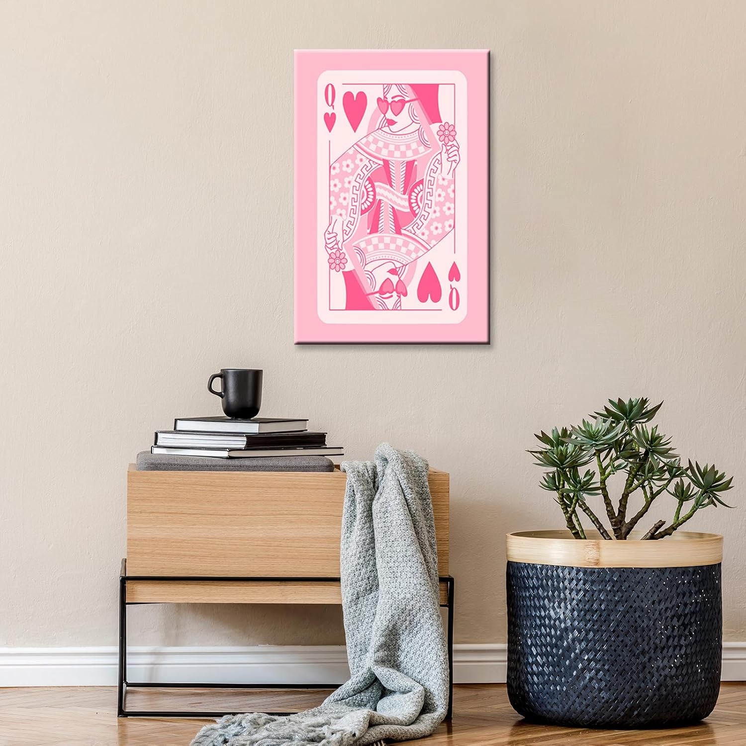DVBOCS Funny Preppy Playing Card Canvas Wall Art Pink Queen Of Hearts Poker Aesthetic Posters Game Room Prints Painting Retro Trendy Modern Decor For Teen Girl Bedroom Dorm 12x16in Framed