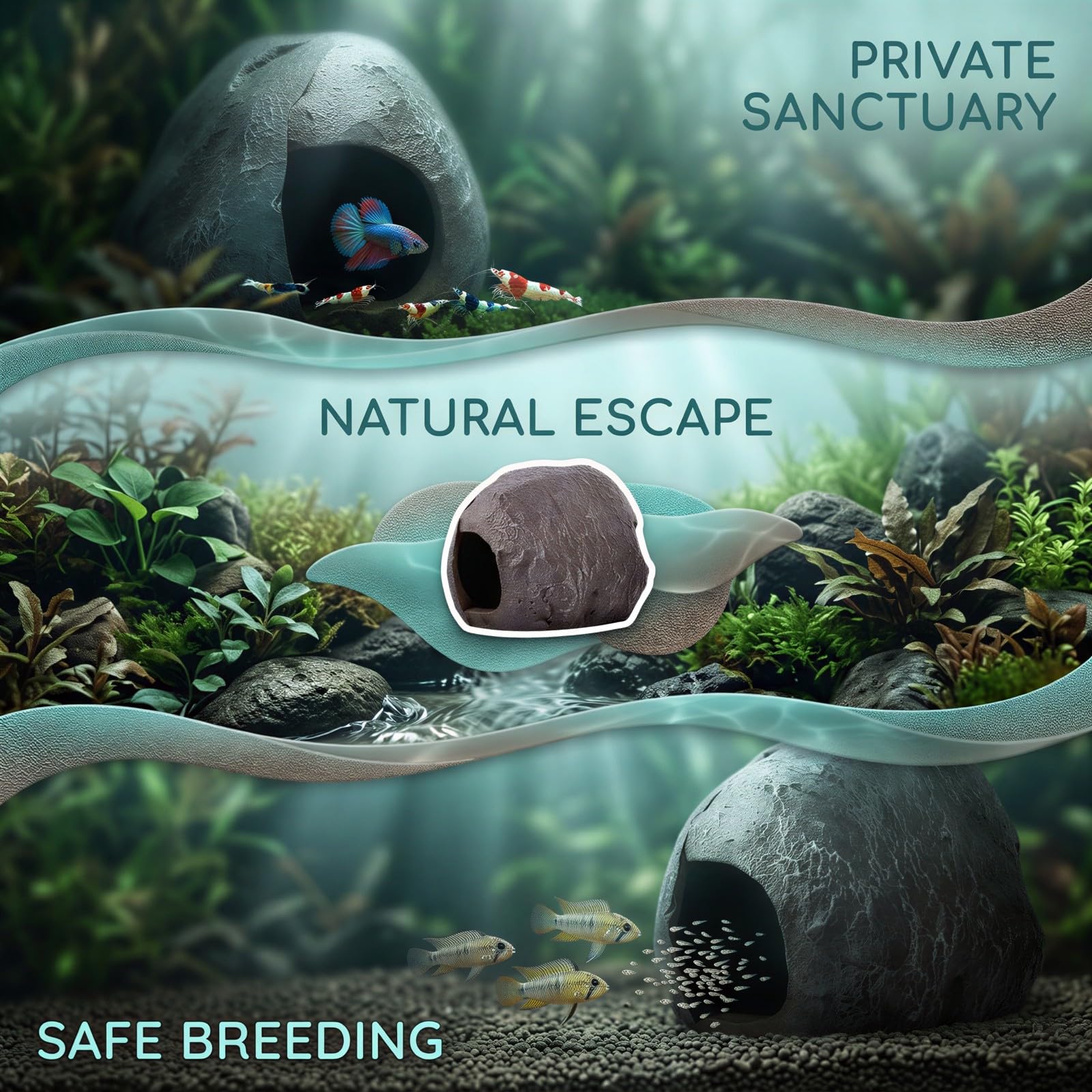 Aquarium-Höhle für Fische, 4,6 x 3,7 x 3,7 Zoll, Versteck mit Secure Grip für Aquarium, realistische Unterwassersteine für Garnelen, Harz-Deko für Buntbarsche und Bodenfische
