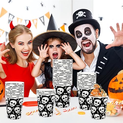 Miniatura 5 de AnyDesign 50 vasos de papel de Halloween de 9 onzas con diseño de huesos de calavera espeluznante, tazas de té y café, tazas de té de calavera negra