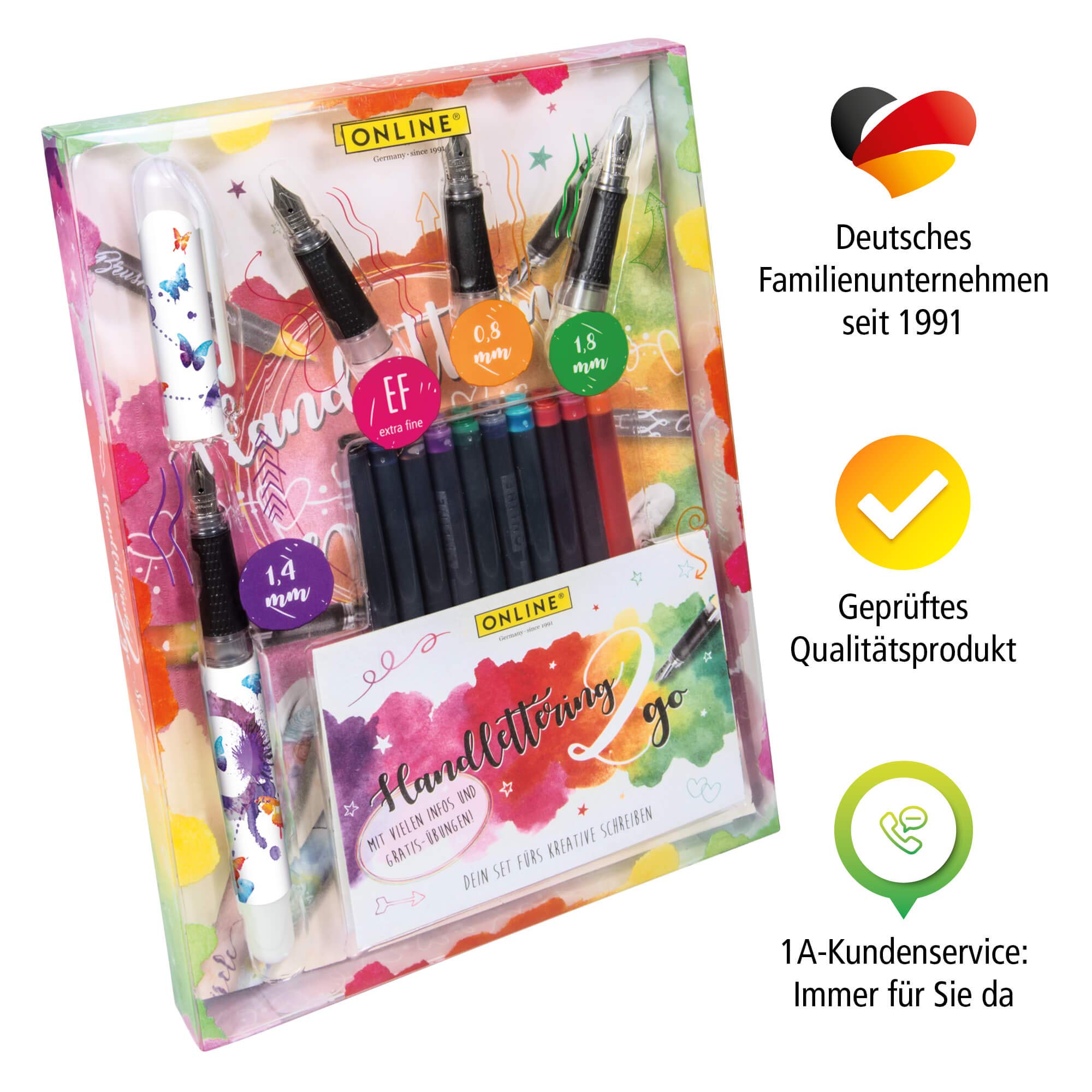 Online Handlettering 2 Go Schönschreib-Set Sketchy, inkl. 1,4 mm Kalligraphie Füller, drei Federstärken, 10x bunte Kombi-Patronen, inkl. Booklet mit Übungen