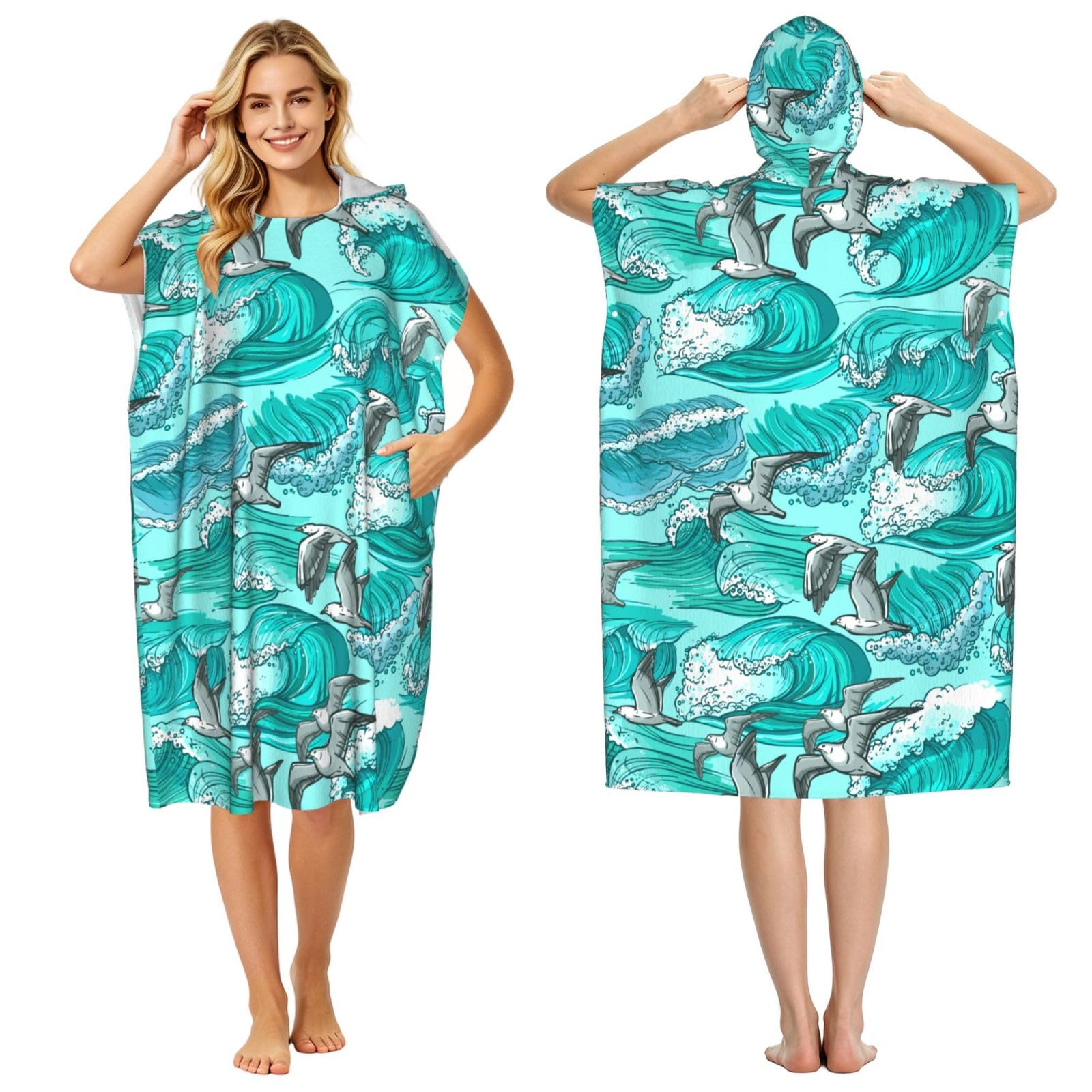 Poadnly Waves Sketch Seagull Birds, Adult Hooded Beach Towel 90 x 110 cm,Changing Bath Robe, Surf Poncho Towel For Women Men