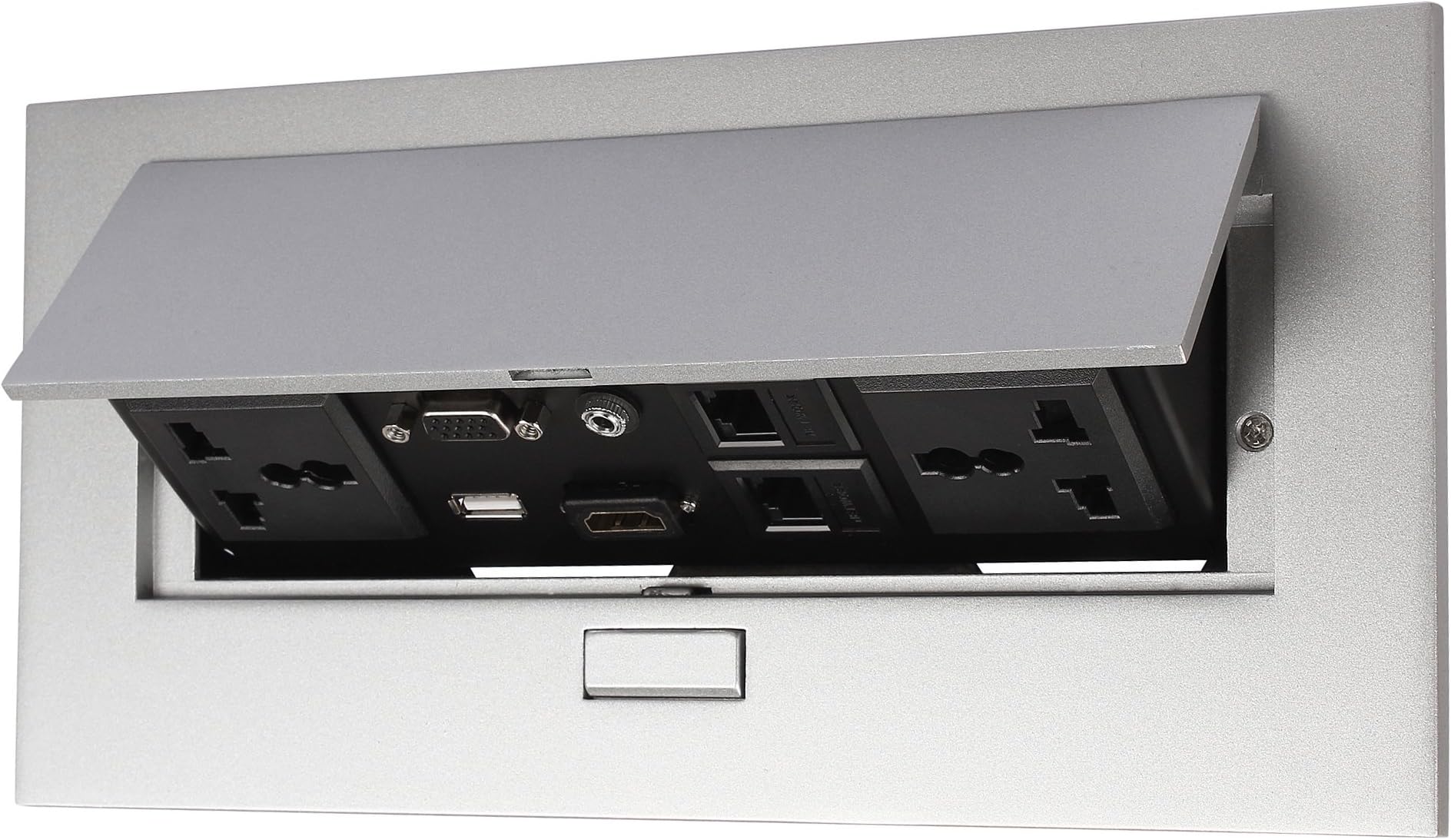 Hydraulic Pop up Box Cable Cubby with HDMI, Audio, Lan, USB and Power Ports Silver