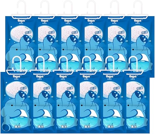 Bagus Bolsas colgantes absorbentes de humedad (paquete de 12) - Deshumidificador sin fragancia para armario, baño, RV, barco y espacios de