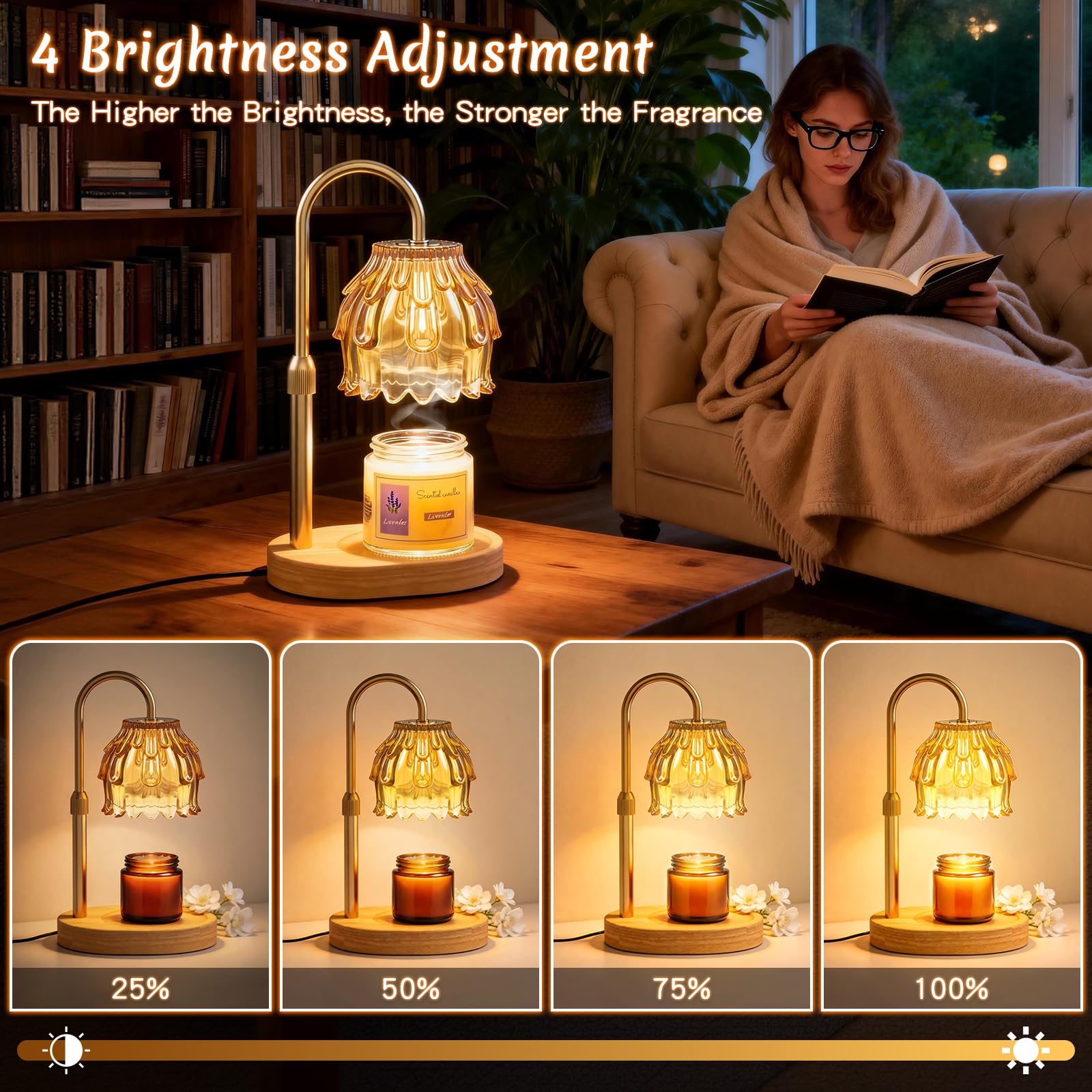 Lámpara Calentadora de Velas, Candle Warmer Lamp con Temporizador y Atenuador, Lámpara Calienta Velas Eléctrico con 2 Bombillas, Vela Lampara Perfumada Altura Ajustable para Hogar Decoración(Ambar)