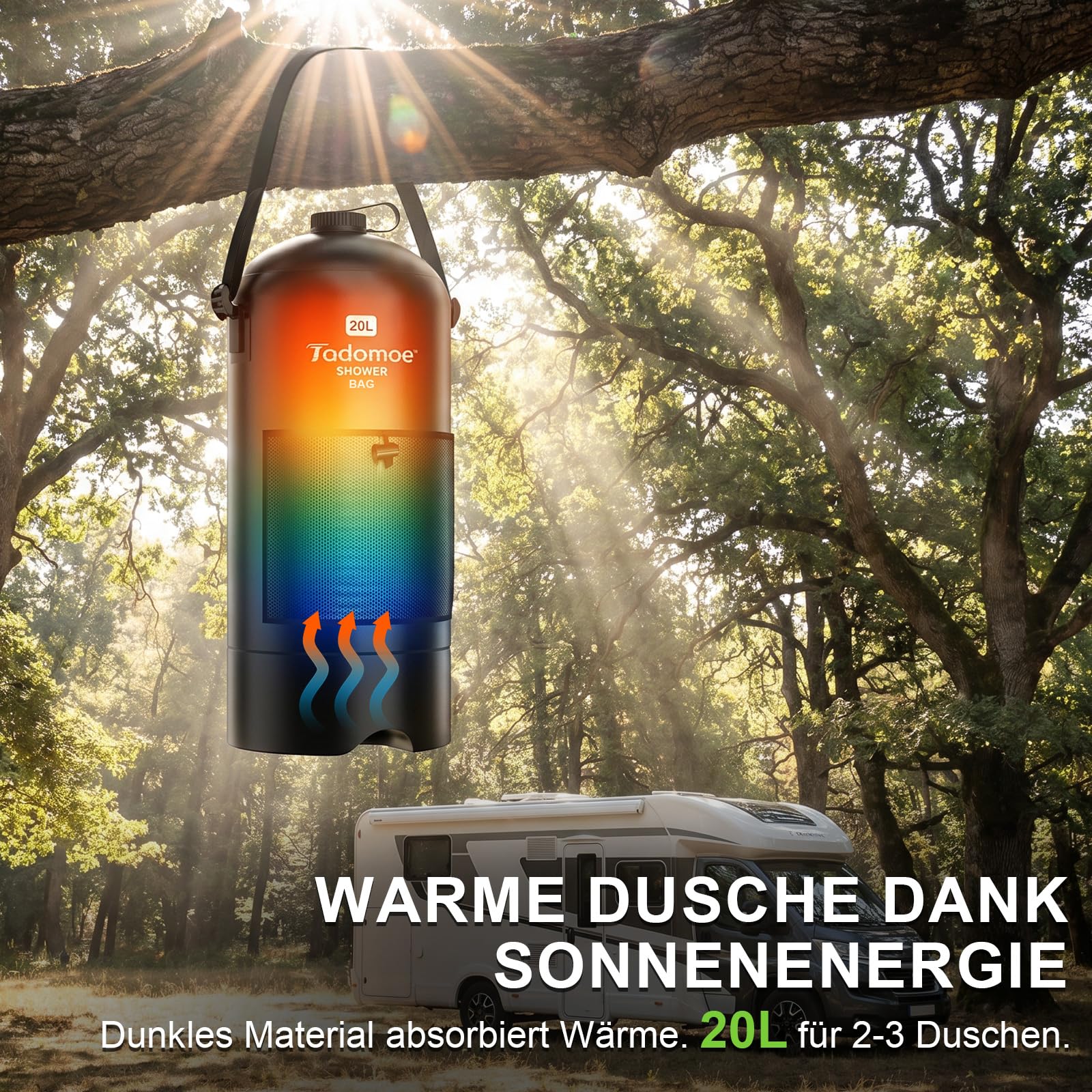 Campingdusche 20L mit 2000mAh Pumpe - Faltbare Outdoor Dusche inkl. 2m Schlauch & Aufbewahrungstasche - Mobile Solardusche für Wohnmobil
