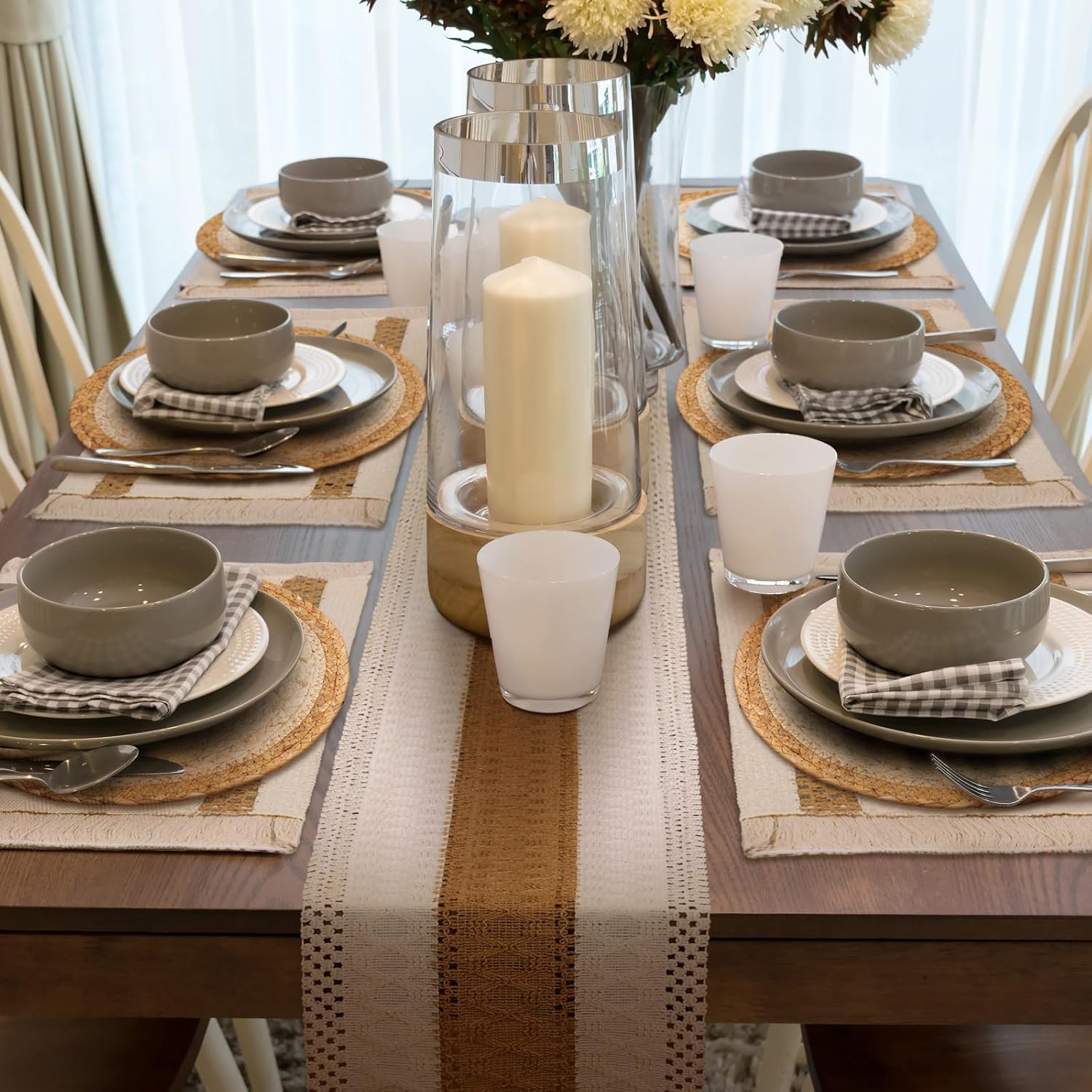 Xuhal 19 Pcs Boho Table Runner Placemat and Napkin Ring Set 11.8 x 106.3'' Woven Macrame Table Runner with Tassel Natural Burlap Round Rectangle Mat Farmhouse Decoration for Christmas Wedding Dinner