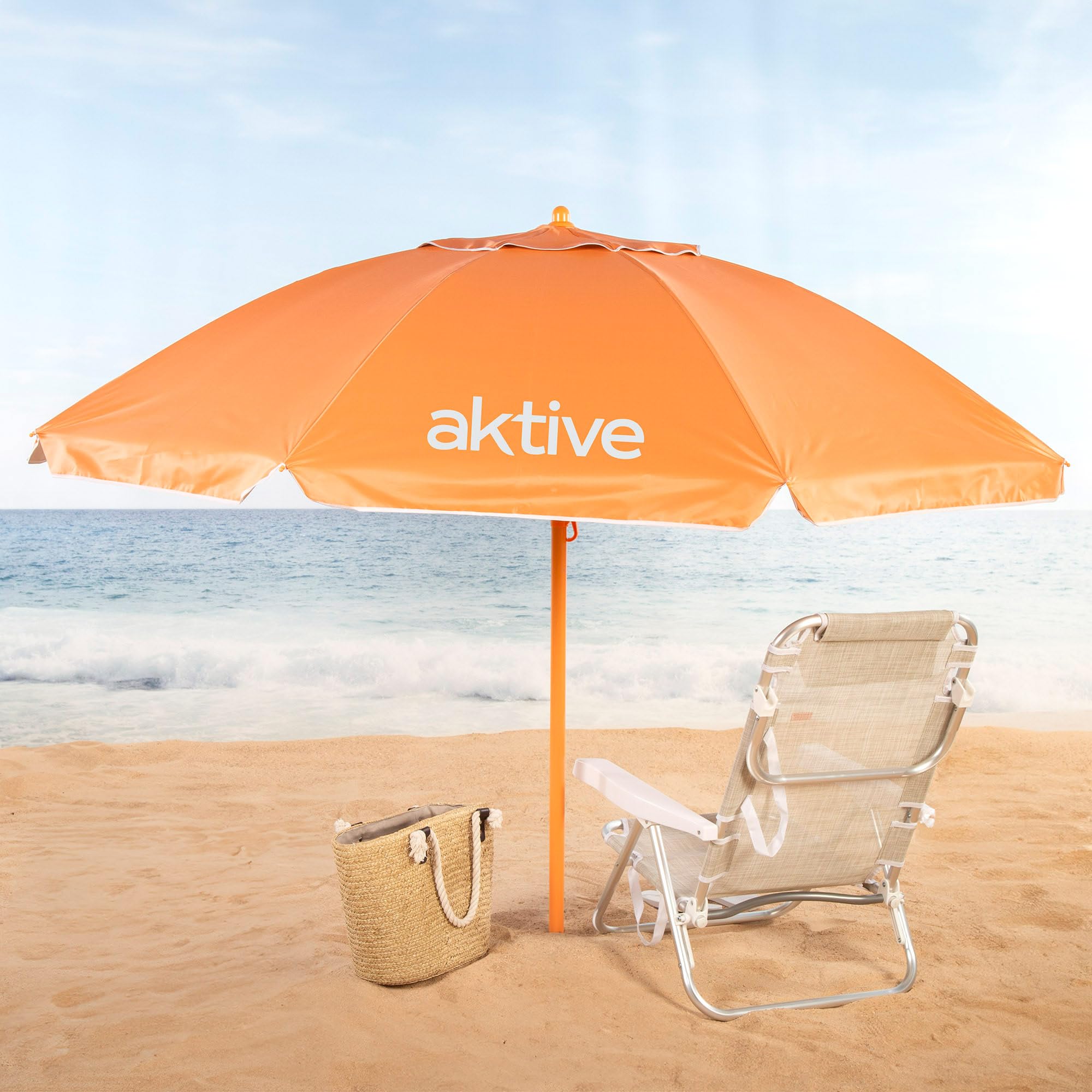 AKTIVE BEACH Ombrellone da spiaggia inclinabile D220 cm, Arancione, con protezione UV50, 8 aste, Materiale oxford, con ventilazione, per esterno (62483)
