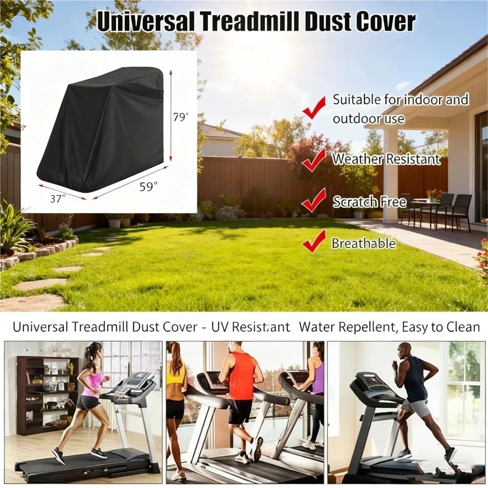 Housse de tapis de course à domicile, imperméable, anti-poussière, ajustement universel pour tapis de course pliable, durable (noir, 117 x 97 x 168 cm)