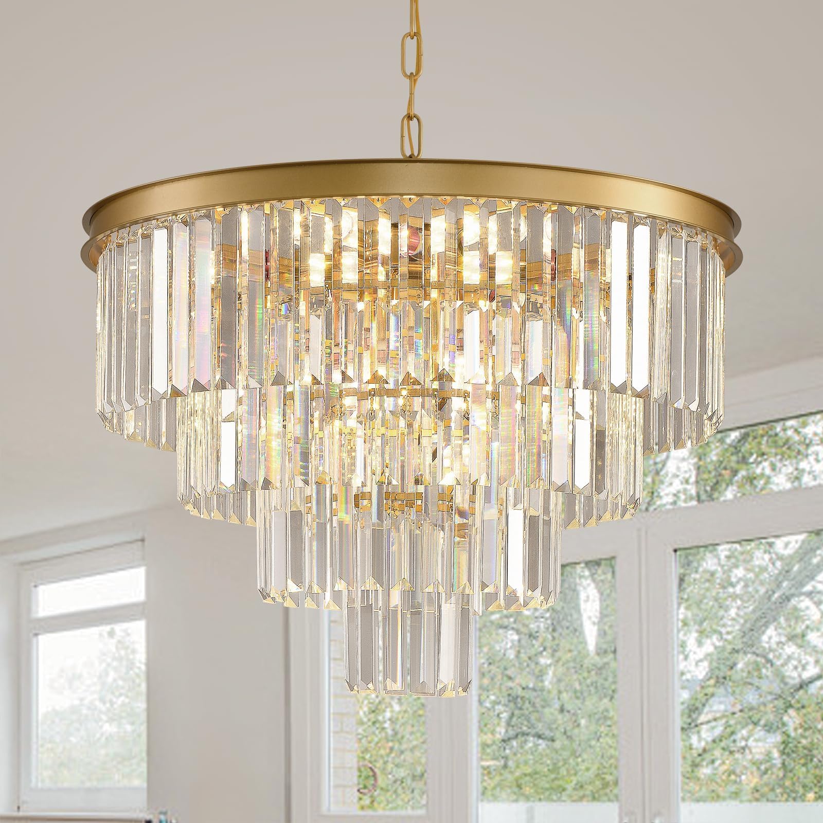 MSSIAN Gold Crystal Chandelier Round 9-Lights K9 Crystal Modern Flush Mount Chandelier Living Room Chandeliers with E14 Base, Ideal for Living Room Dining Room Bedroom Entryway W60CM