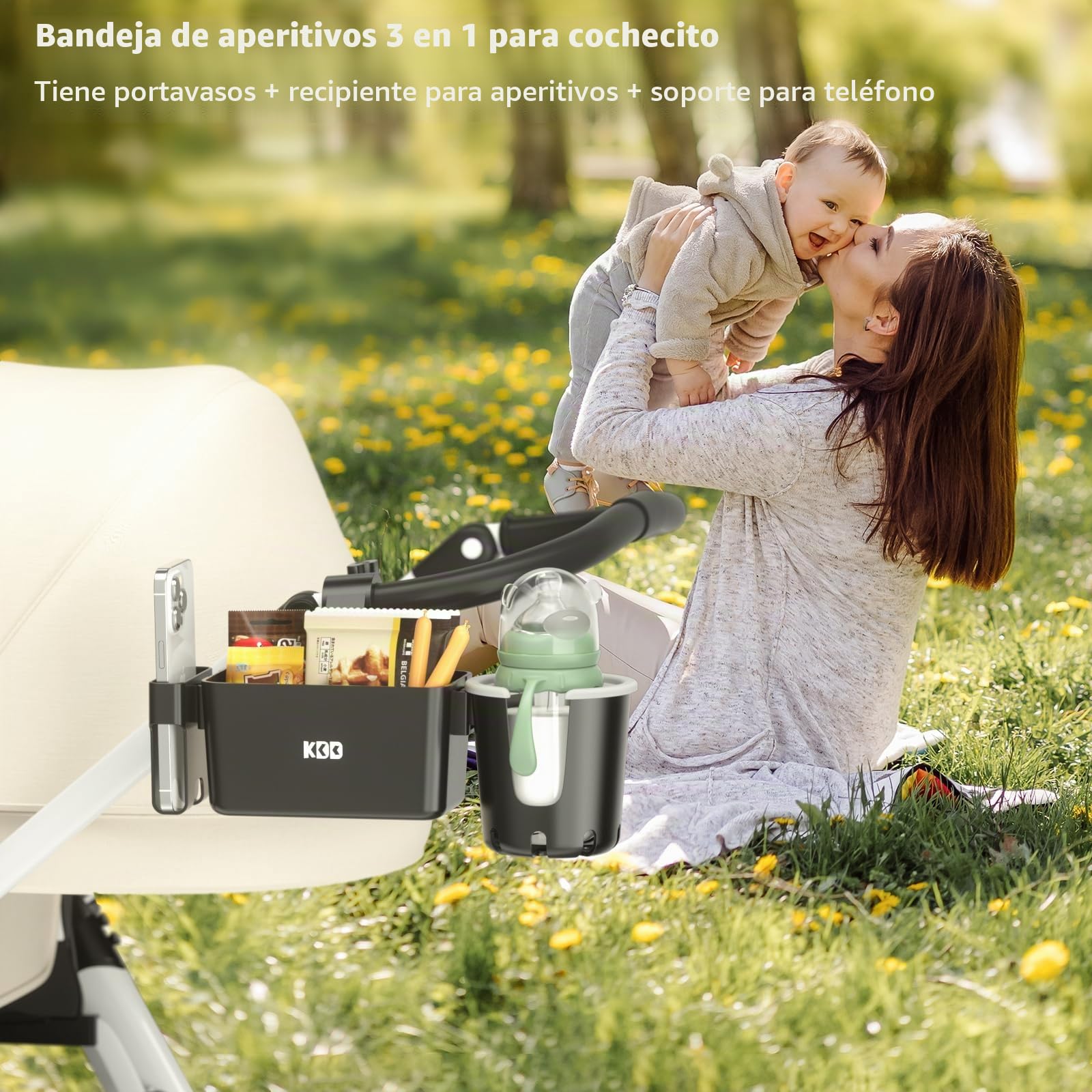 KDD Portavasos Carrito Bebe con Bandeja Snack Cochecito, 3 en 1 Bandeja Universal para Bebé con Soporte Móvil, Soporte para Bebidas Extraíble, 360º Sujeta Vasos Carro Bebe para Silla de Paseo Bugaboo