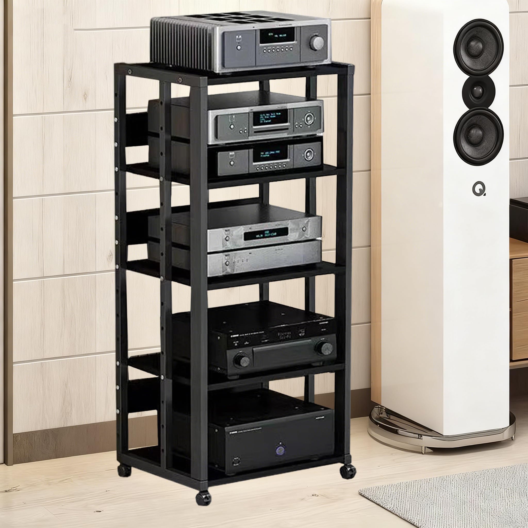 5 Ripiani Mobile Stereo Hi Fi Rack, Multimediale Audio-Video con Ruote Universali, Giradischi per Amplificatore Turno Sky box