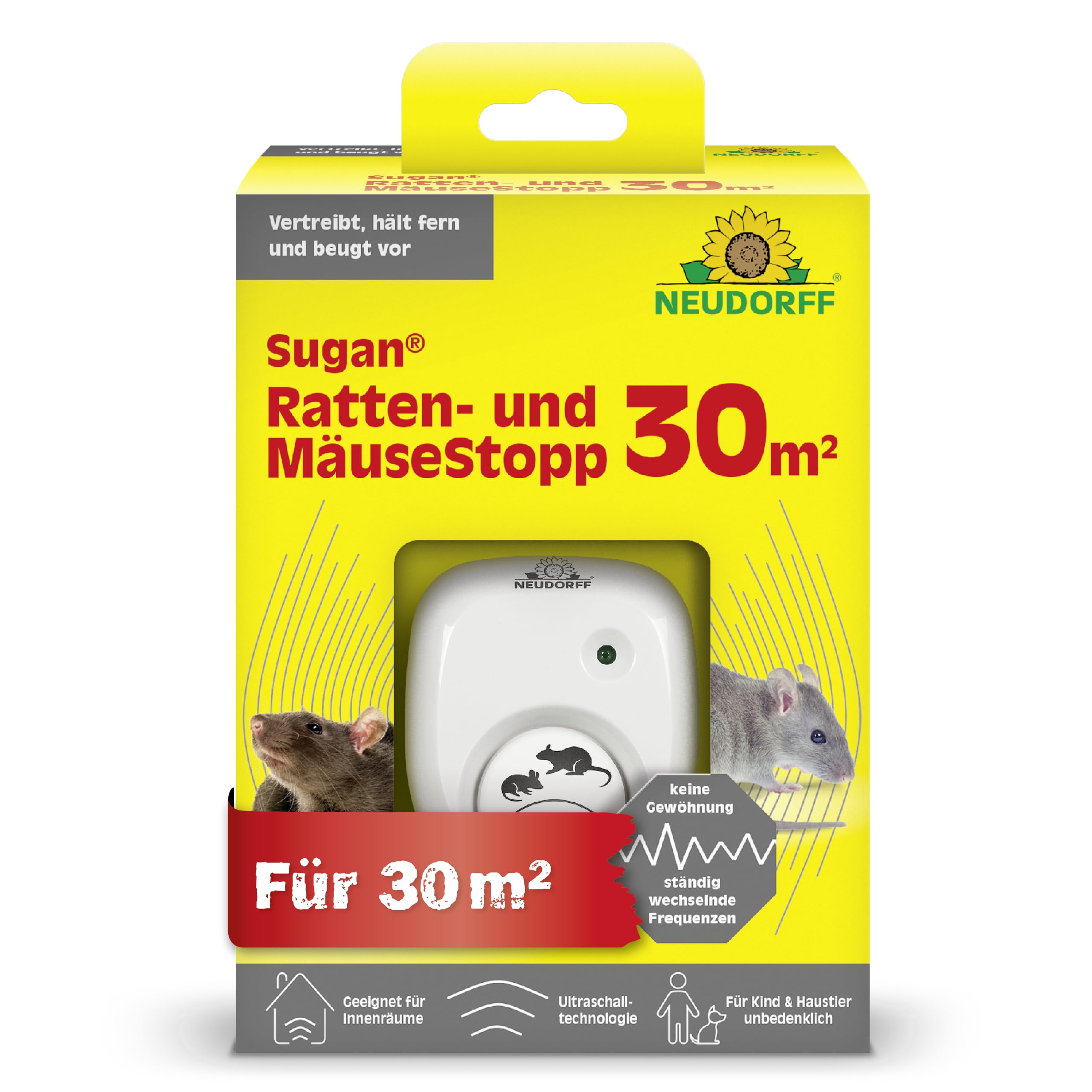 Neudorff Sugan Ratten- und MäuseStopp 30 m² - Ultraschall vertreibt Ratten und Mäuse sofort und dauerhaft aus Haus, Keller und Garage. Anti Gewöhnungseffekt, 1 Stück