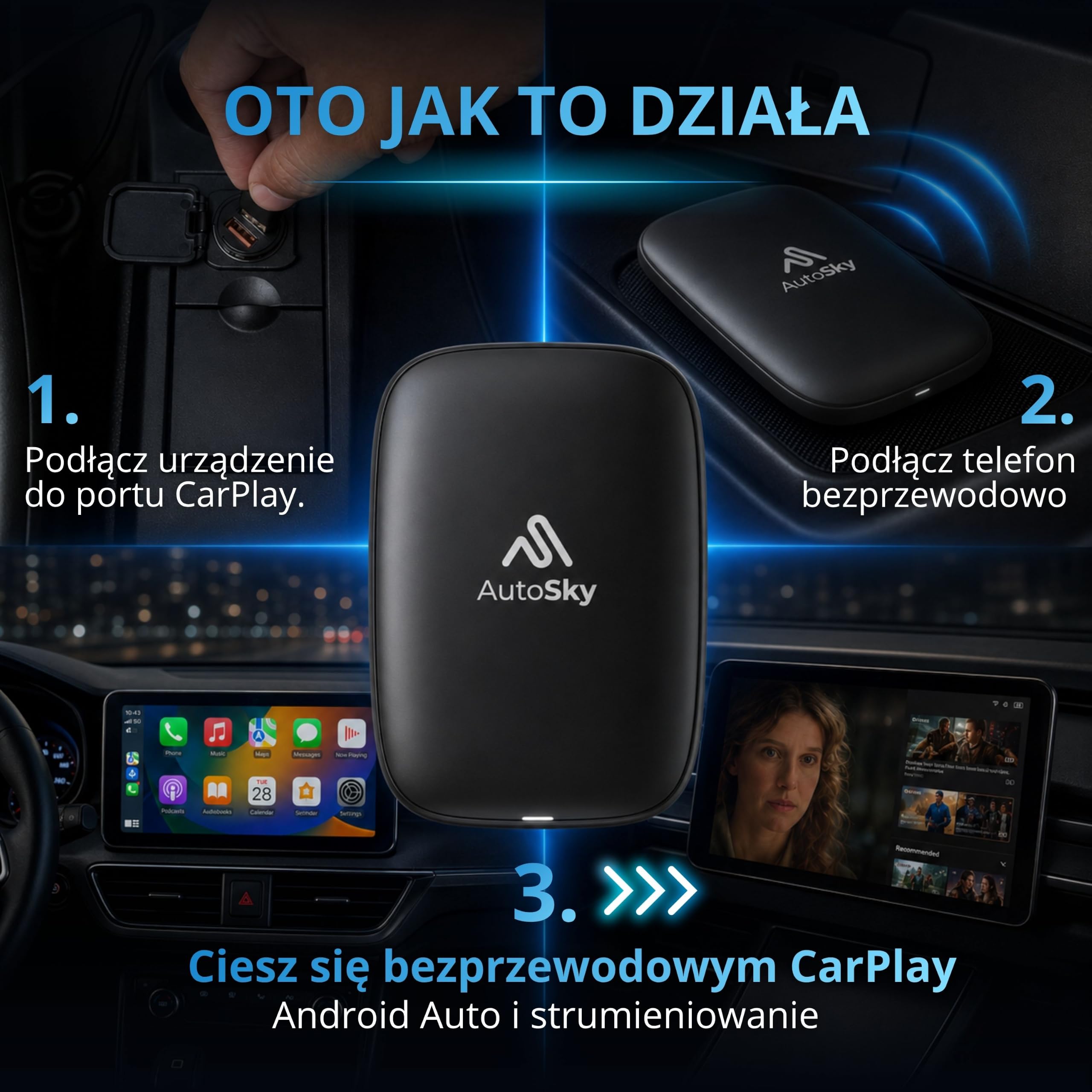 AutoSky Bezprzewodowe CarPlay i Android Auto AI Box Lite do fabrycznych przewodowych samochodów CarPlay - obsługuje Netflix YouTube i Gmail - Go Wireless ze wszystkimi funkcjami Wired CarPlay i