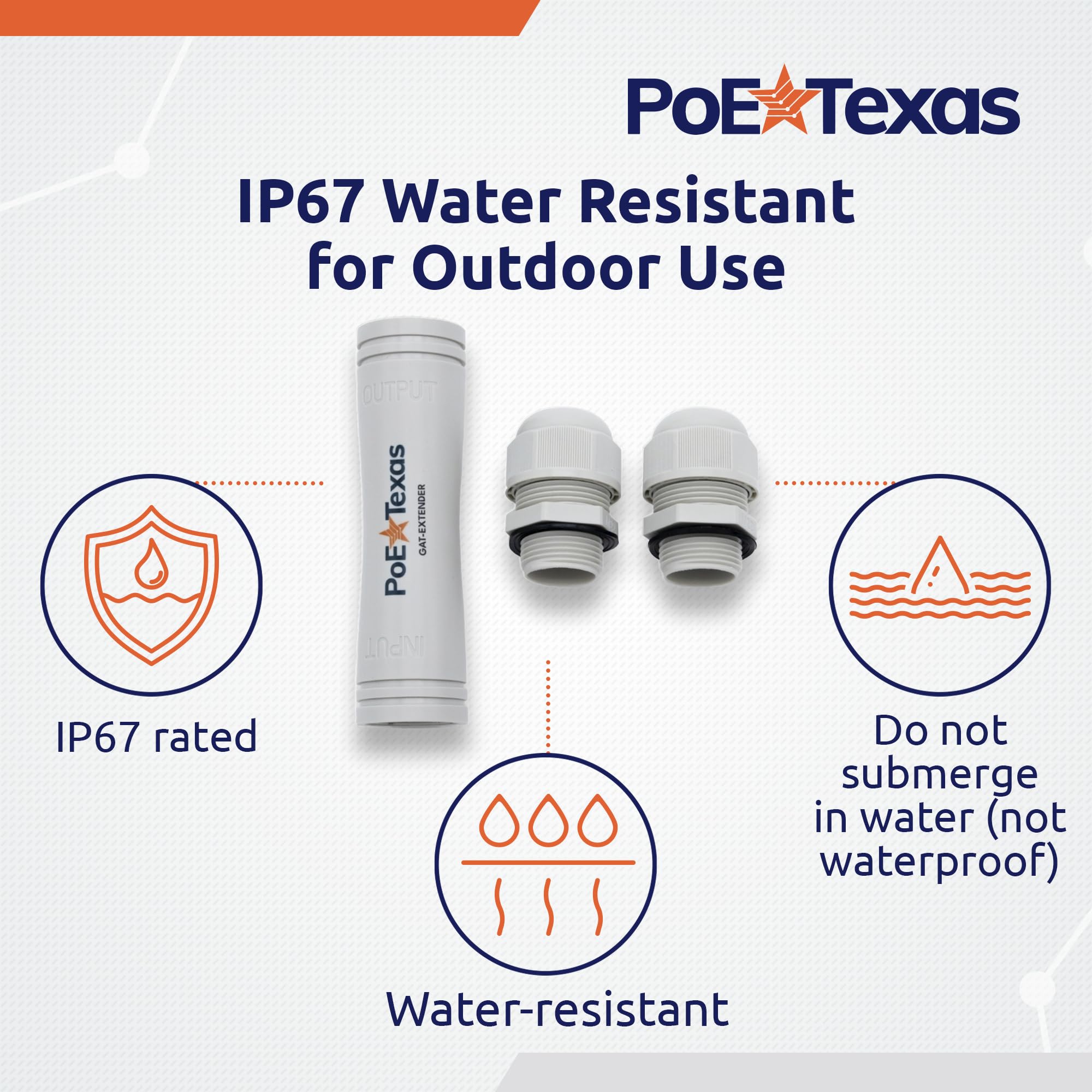 PoE Texas Répéteur PoE extérieur – Extension étanche IP67 Plug & Play Étend 22 watts de puissance et de données Gigabit jusqu'à 100 m aux appareils haute puissance – Compatible avec commutateur ou