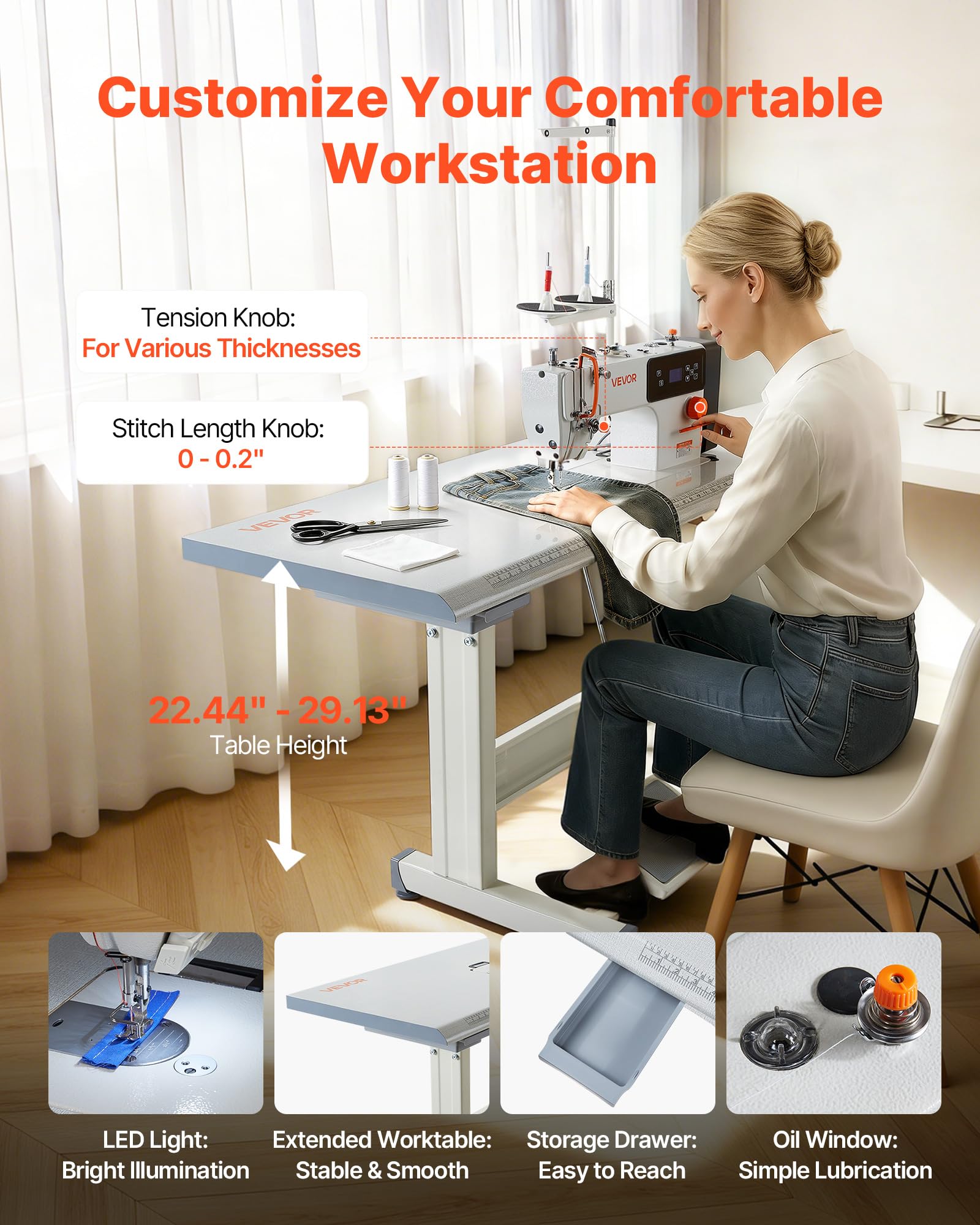VEVOR Industrienähmaschine, 550-W-Nähmaschinen-Set mit Servomotor & Tischgestell, Automatischem Fadenabschneider, 5000 Stiche/Minute, LCD-Display, LED-Beleuchtung, für Baumwolle & Denim