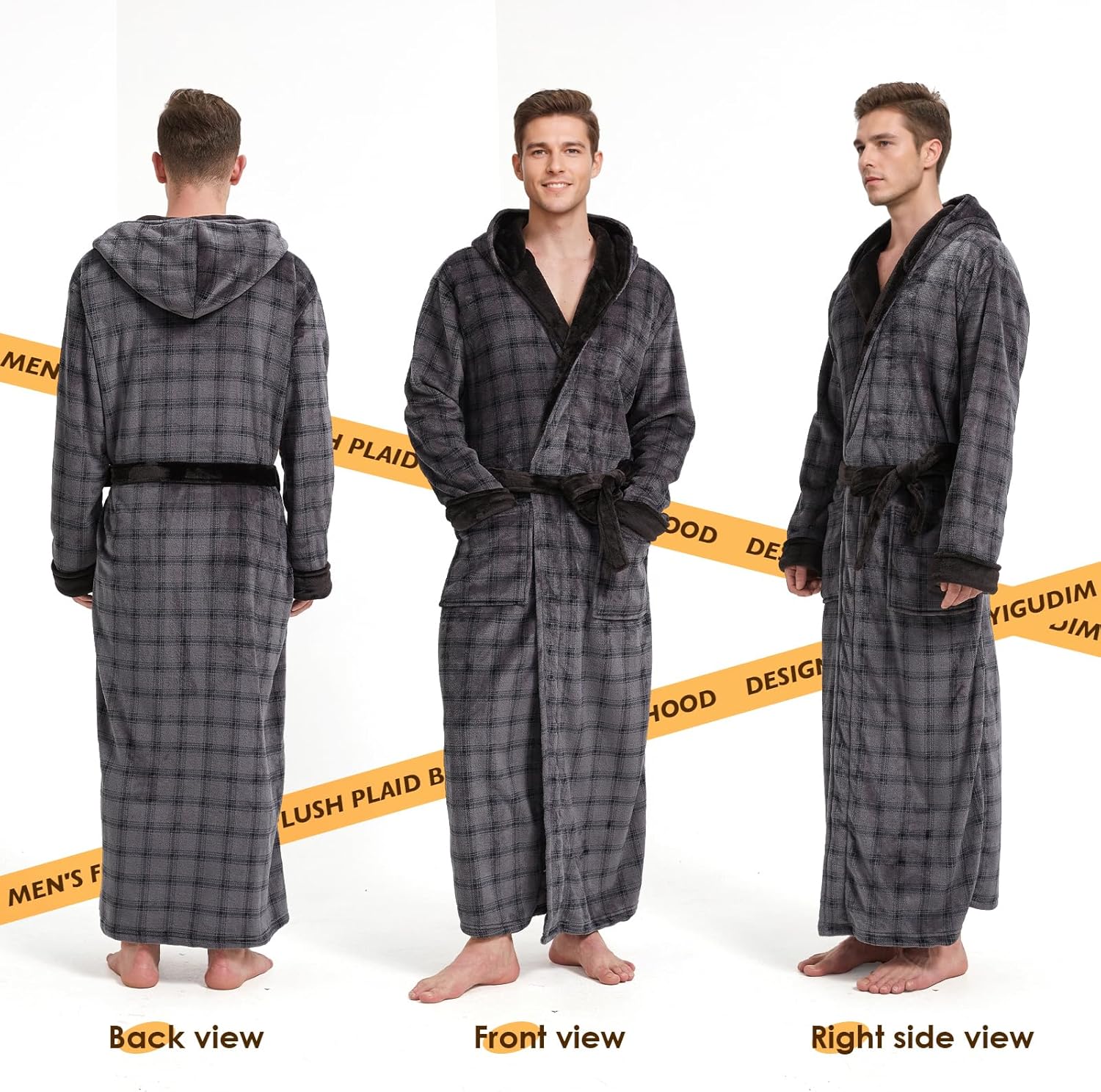 Cozy Plush Fleece Robe for Men, Big and Tall Hooded Long Robe, Warm Loungewear, Shawl Collar Pocketed Bathrobe - Image 2