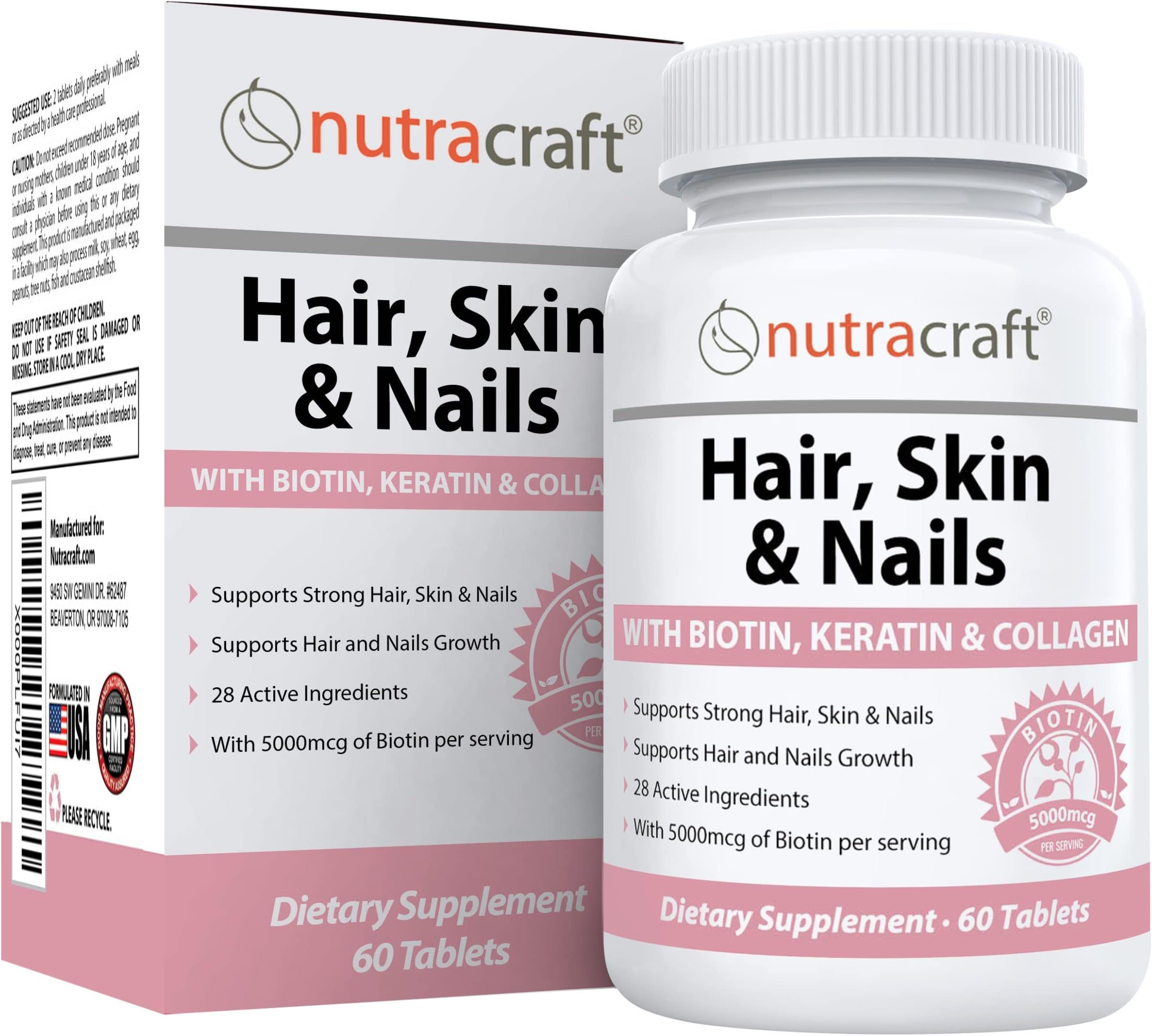 Nutracraft#1 Hair, Skin Nails Supplement with 5000mcg of Biotin, Keratin, Collagen, MSM, Silica & Hyaluronic Acid to Promote Hair Growth, Stronger Nails and Glowing Skin | 60 Tablets (Non-GMO)
