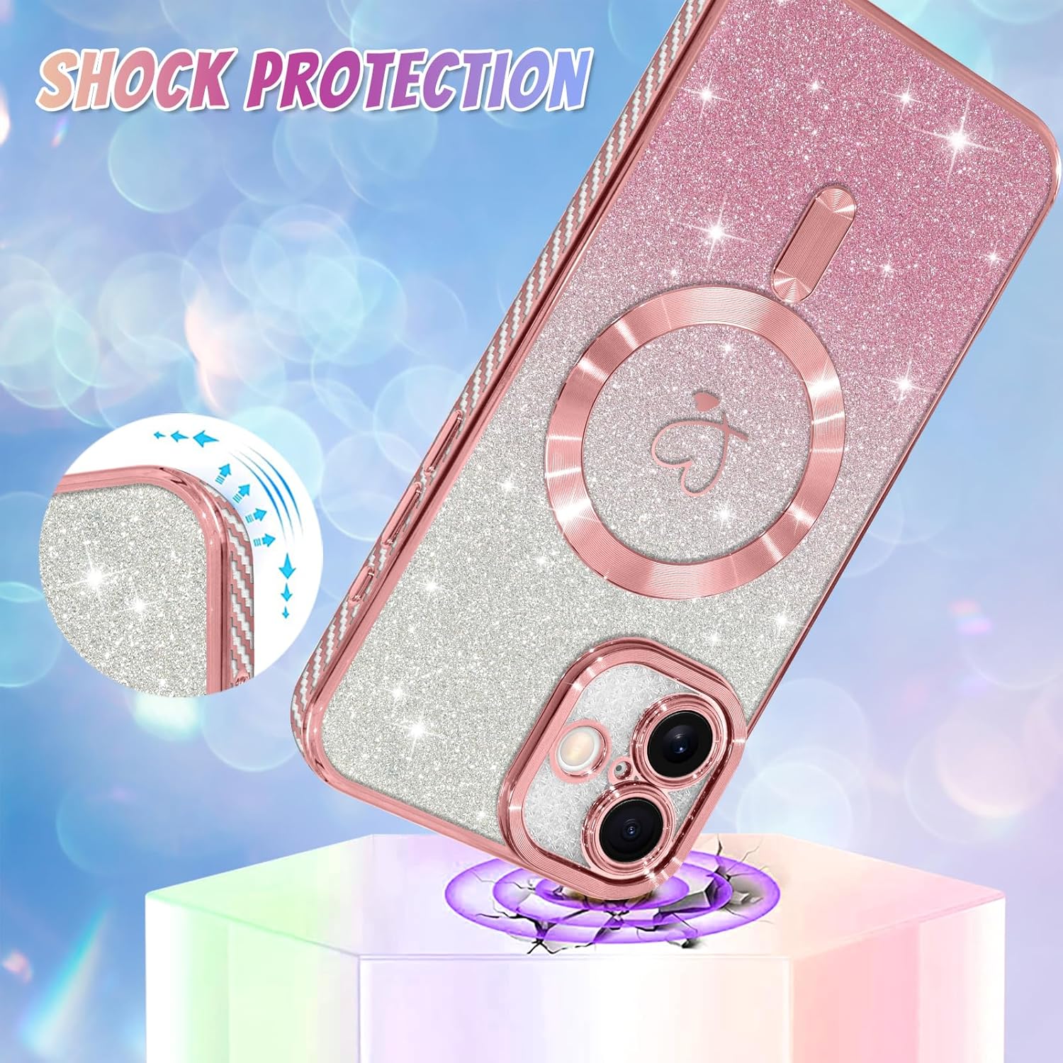 Bonoma Compatible with iPhone 16 Plus Case Support for MagSafe, Plating Heart Glitter Magnetic 2* Screen Protector TPU Camera Protection Back Cover for Girls Women -Pink - Image 3