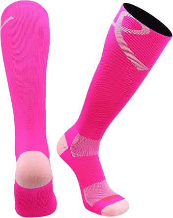 Pink Ribbon Breast Cancer Awareness Socks for Softball Baseball Football for Boys Girls Youth and Adult Over the Calf