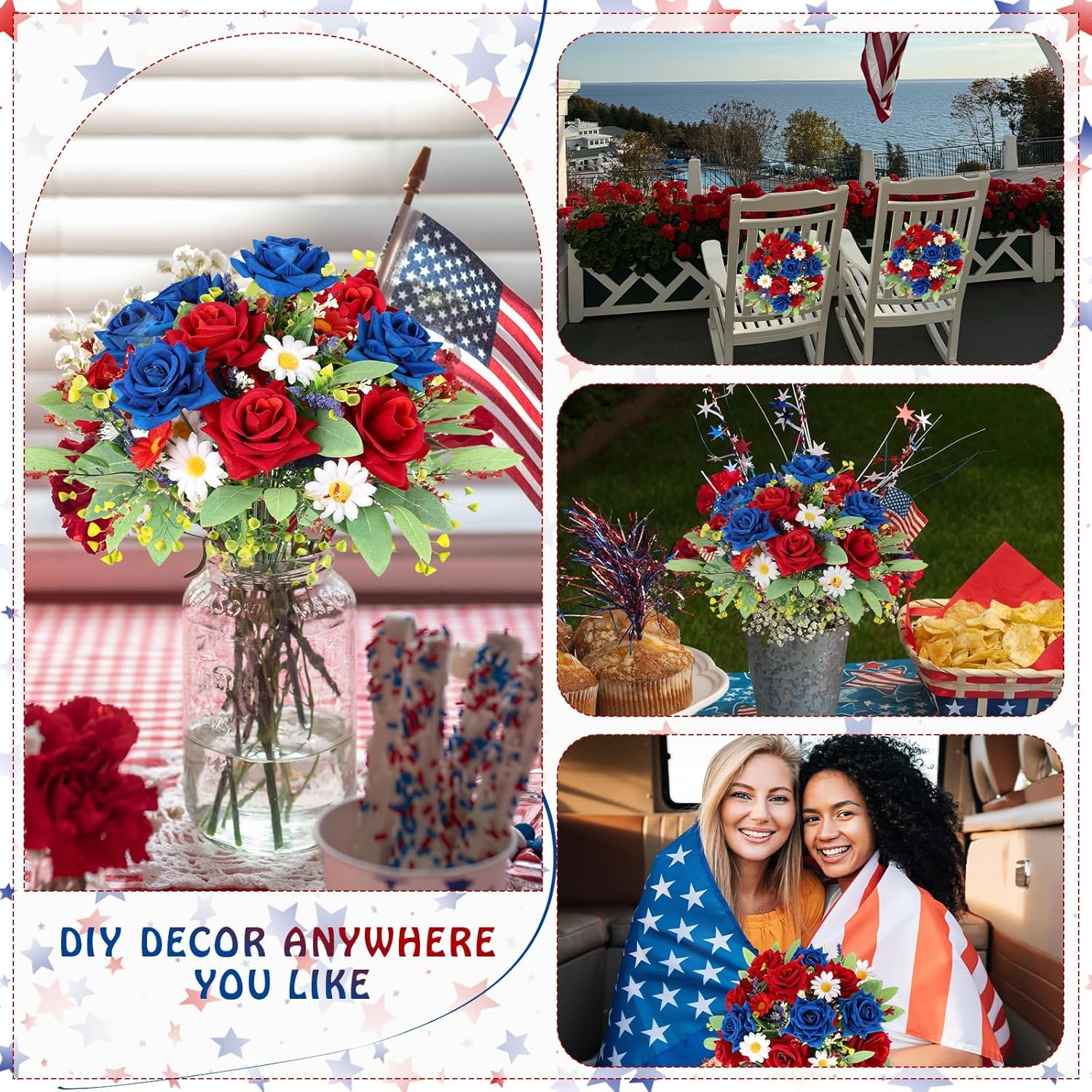 12 Bundles 4th of July Artificial Rose Patriotic Faux Fake Red White Blue Flowers Bouquet with Ribbon for Independence Day Memorial Day Farmhouse Table Centerpiece Floral Vase Home