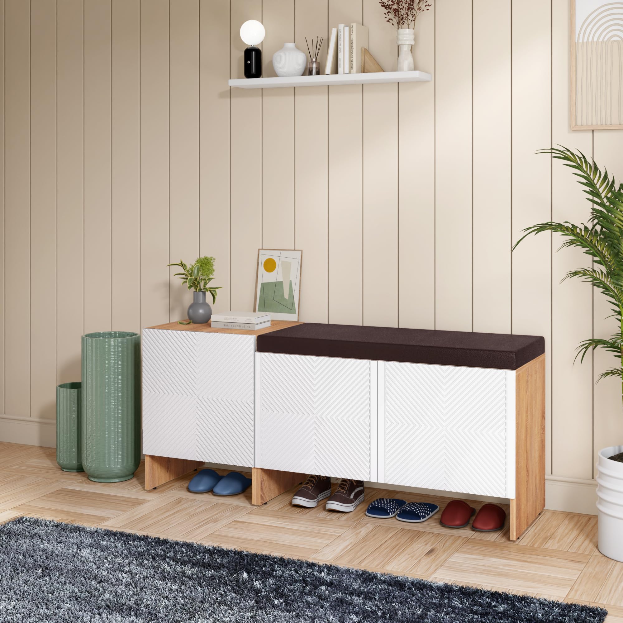 Rocco Trudo Shoe Cabinet | Engineered Wood Shoe Rack with Soft-Close Doors & Adjustable Shelf | Scratch Resistant Matte Finish | Modular Design for Hallway & Bedroom (6 Pair + 12 Pair Seat Cabinet)-image-5