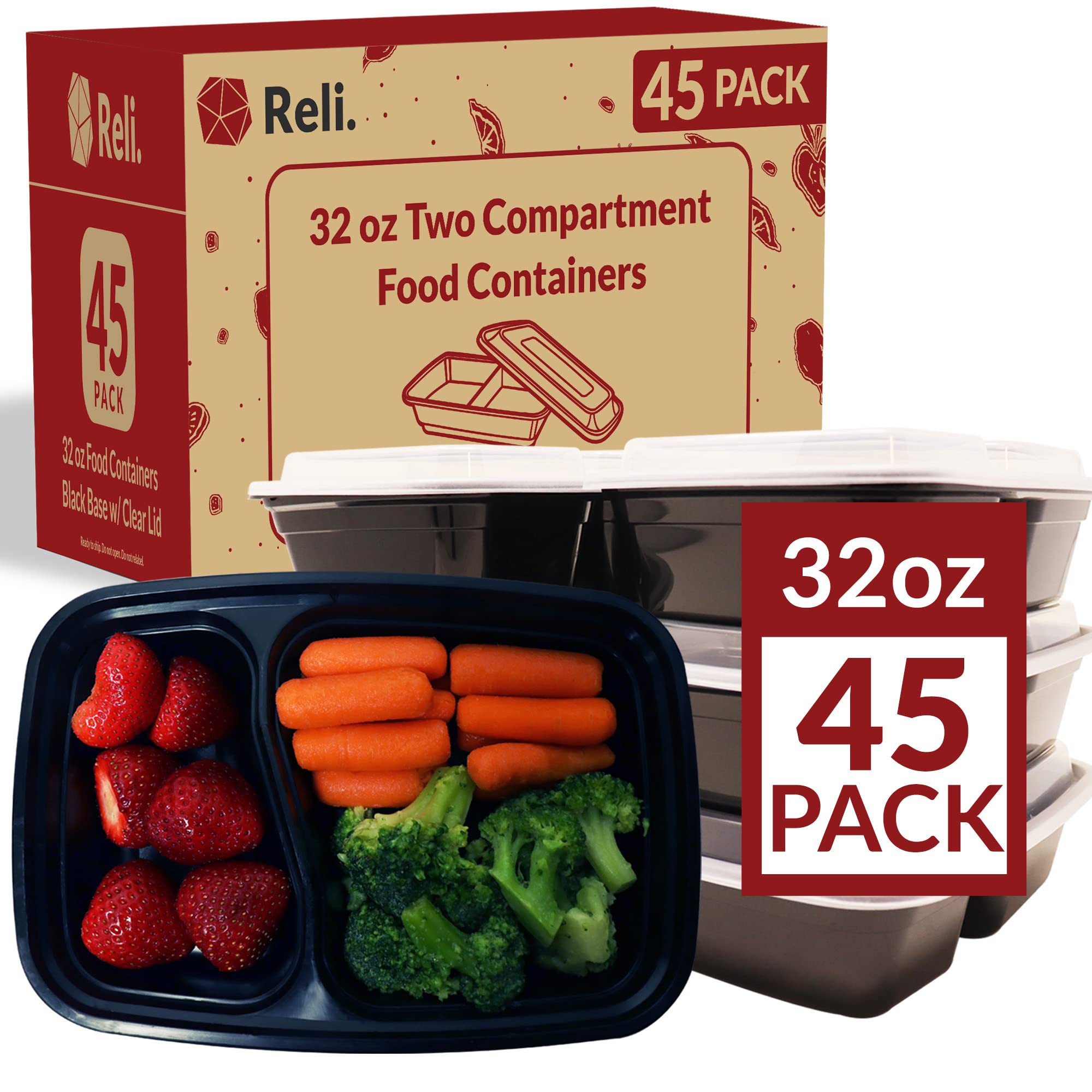 Reli. Contenedores de preparación de comidas, 32 onzas | Paquete de 45 | Contenedor de alimentos de 2 compartimentos con tapas | Contenedores de almacenamiento de alimentos para microondasTo Go |