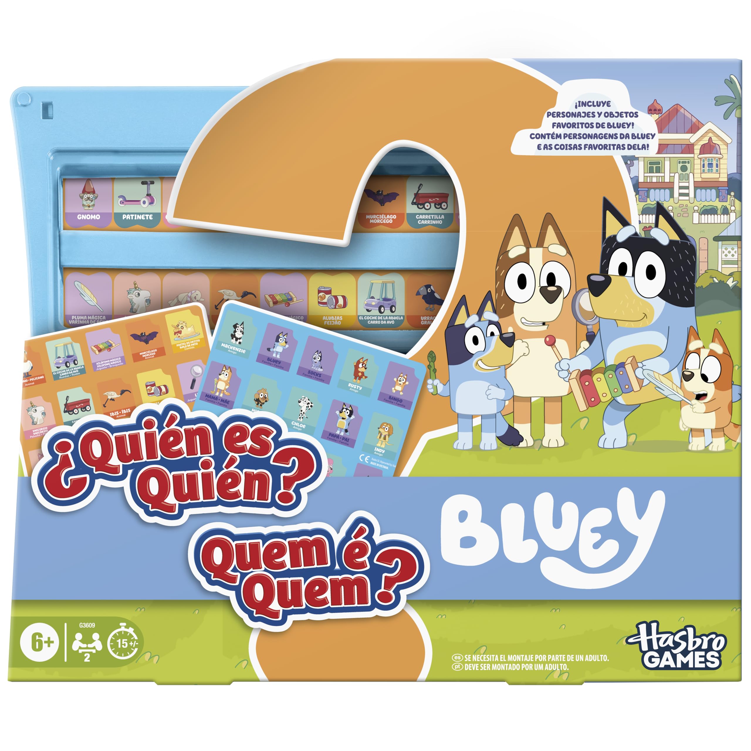 Juego para niños ¿Quién es quién? edición Bluey, Juegos de Mesa Familiares y de Viaje, 6+ - Versión en español - portugués