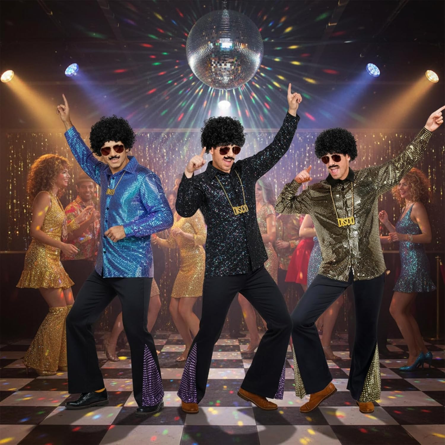 Mepase 6 Pcs Mens 70s Disco Outfits Retro New Year Eve Couples Halloween 80s Costume with Bell Bottom Pants - Image 7