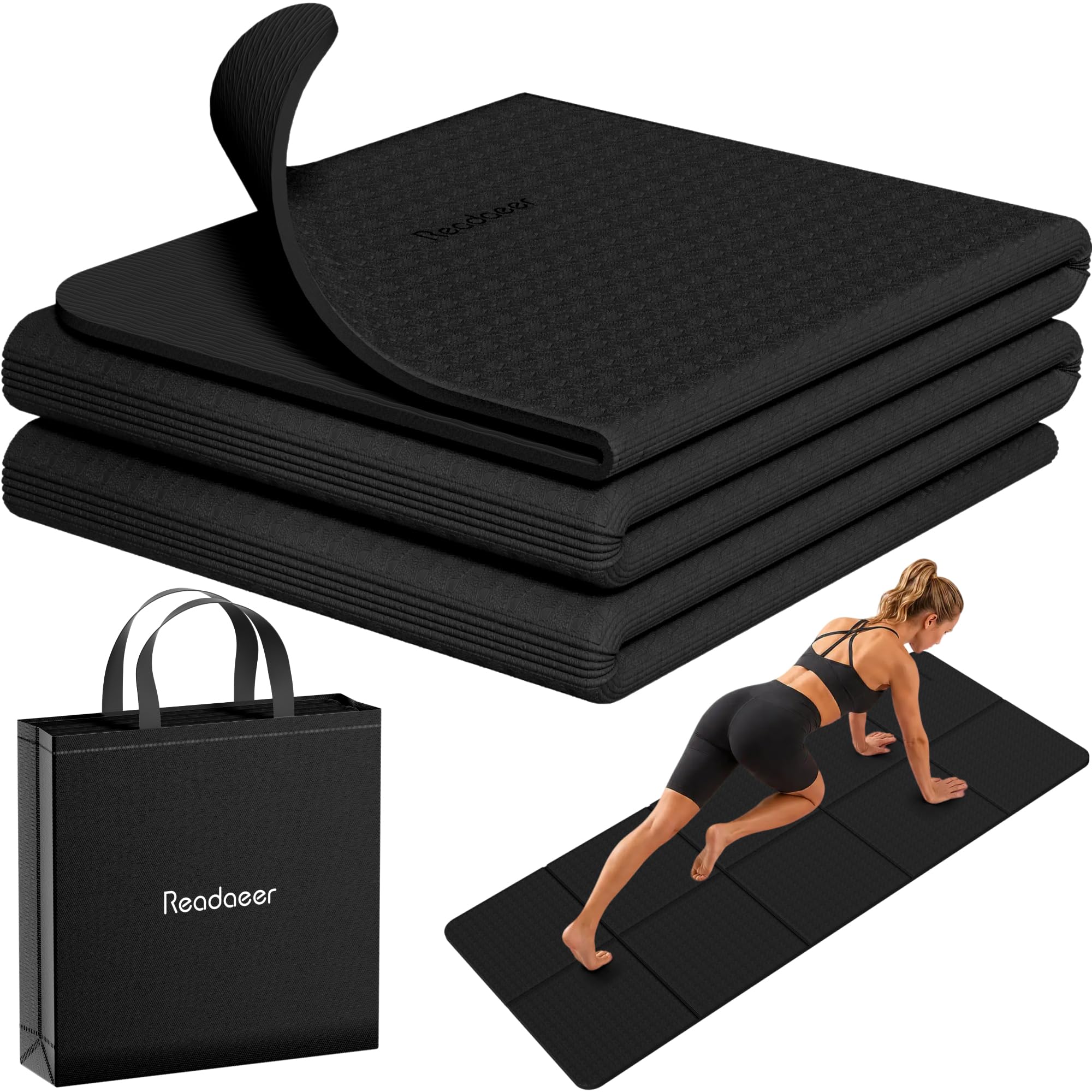 READAEER Tapis de yoga pliable pour voyage, tapis de yoga pliable de 6 mm d'épaisseur avec sac de transport, tapis antidérapant en TPE (noir)