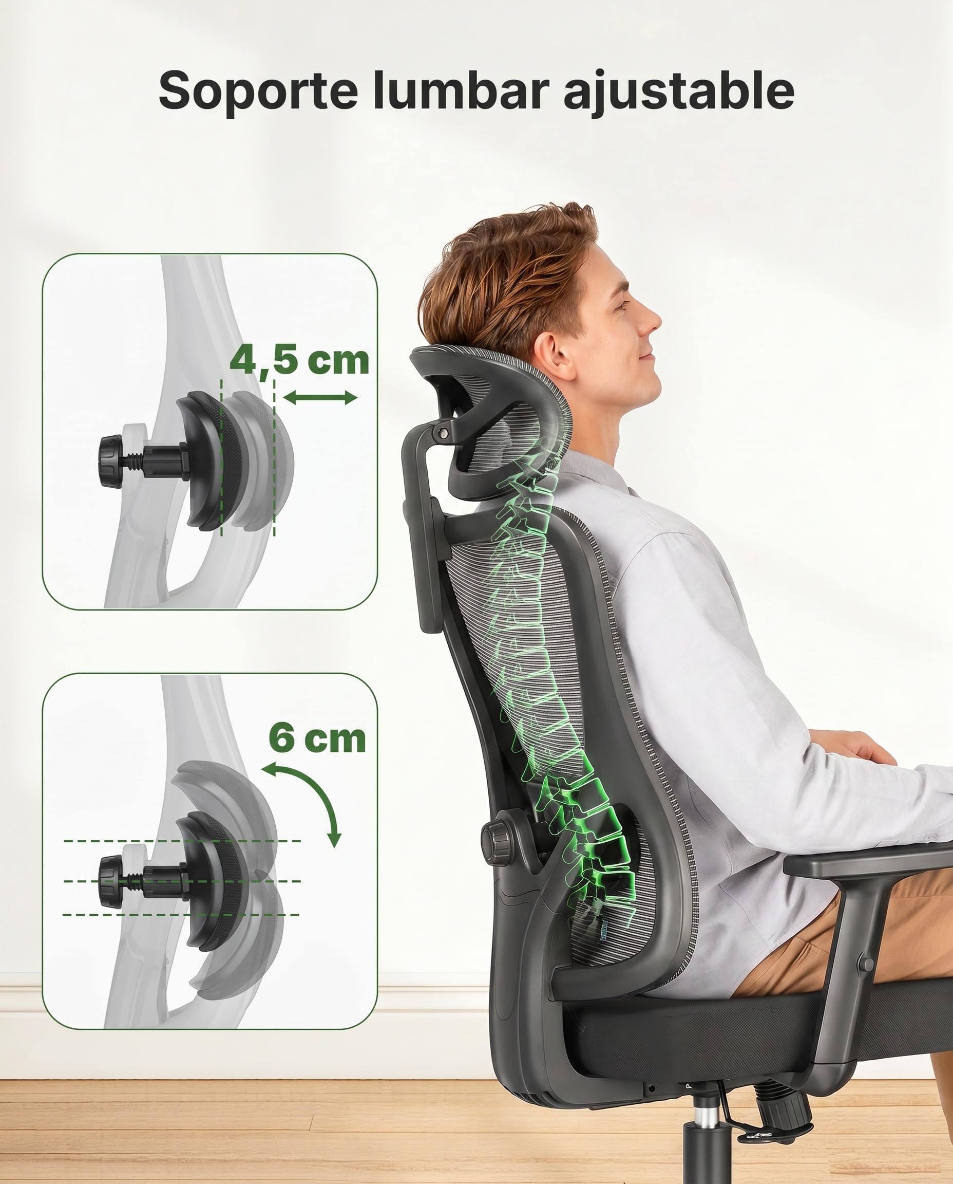 Marsail Silla Oficina, Silla Escritorio Ergonómica con Reposacabezas 2D, Soporte Lumbar 2D, Reposabrazos Plegables 3D, Asiento 8 cm, Altura Regulable, Función Basculante, hasta 136 kg