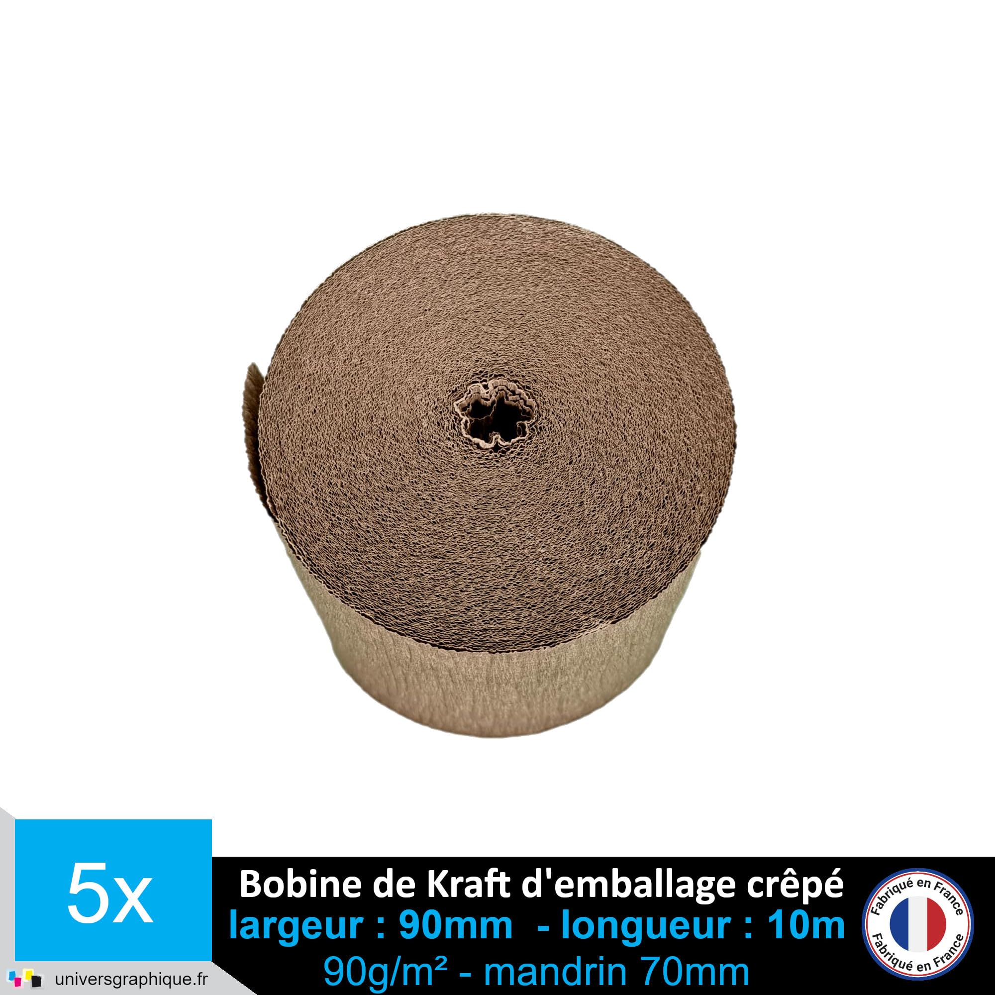 Papier Kraft d'emballage Crêpé 90 g/m² 90 mm bobine de 10m pour conditionnement et protection d’expédition (lot de 5)