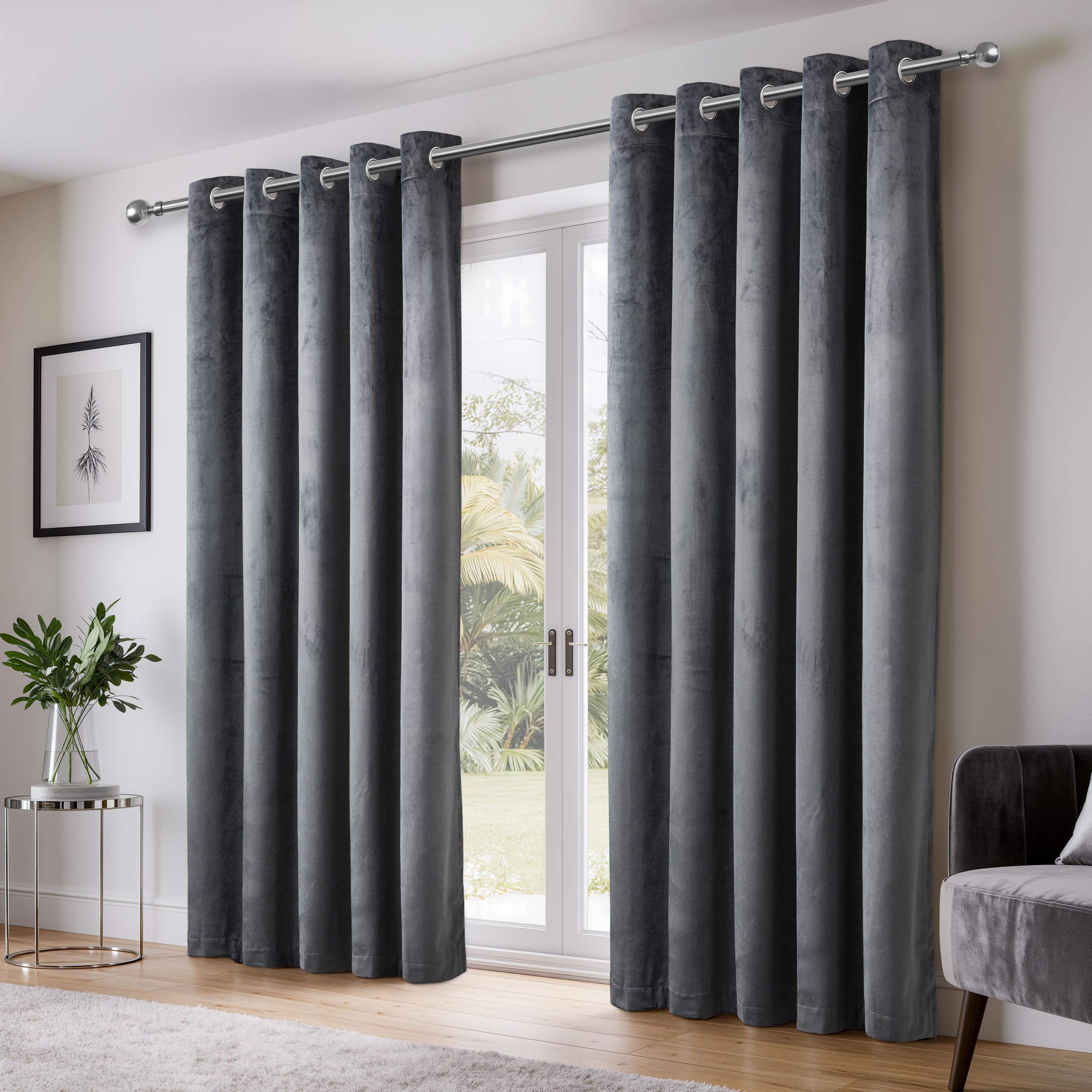 Emma Barclay Dusk Velvet Blackout Eyelet Ring Top Curtains for Bedroom Living Room, Thermal Soft Plain Velvet Curtain Pair, 66 x 54 Inch, Charcoal