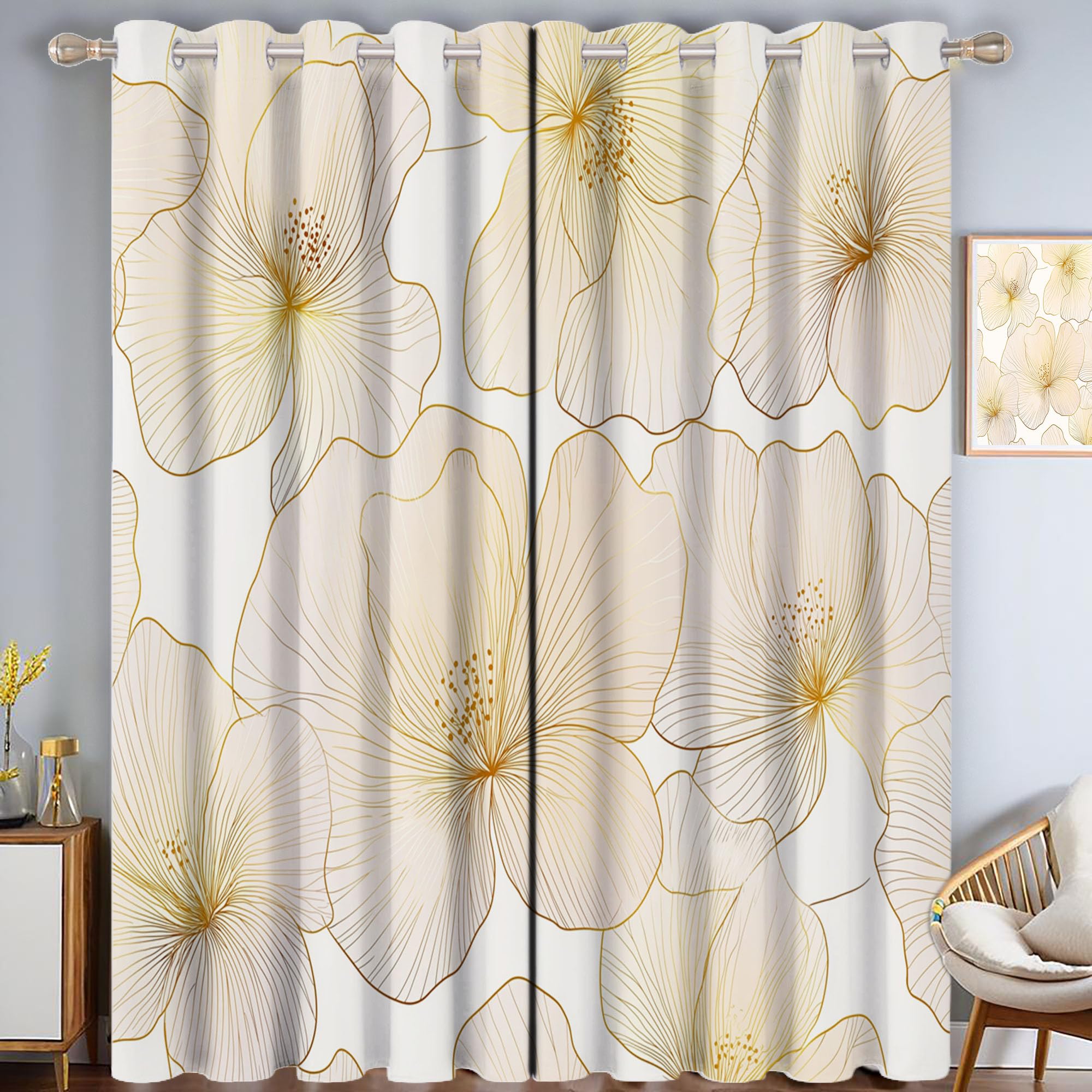 Rideau thermique anti chaleur et froid à oeillets avec motif feuille d'or jaune clair