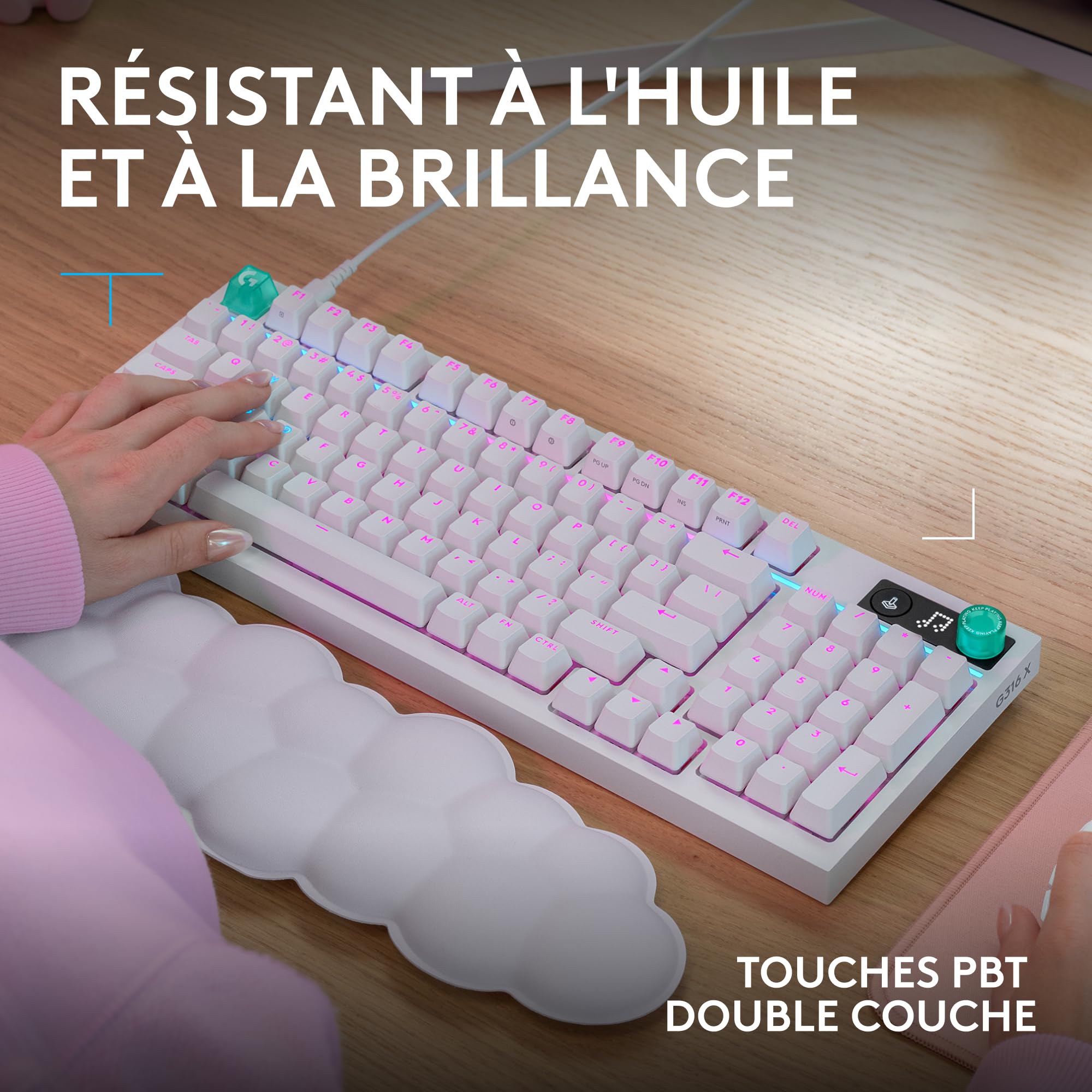 Logitech G G316 X 98, Clavier Gaming, 8 kHz, switchs tactiles Hot-Swap, Structure à Joint, Affichage LED matriciel & molette, Touches PBT Double Couche, USB-C, RVB LIGHTSYNC, PC, FRA AZERTY - Blanc