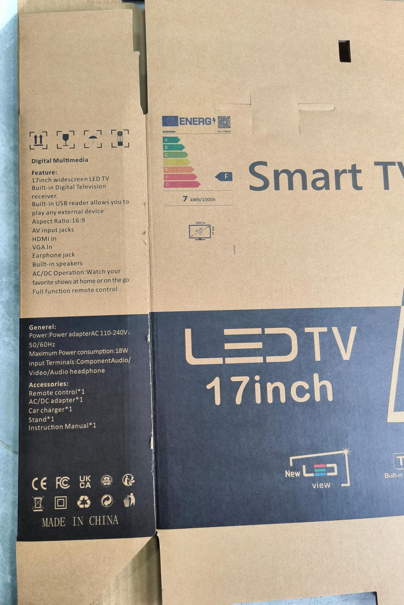 KCR Smart TV, 17-calowy LED, cyfrowy DVB-T2, przenośny telewizor Freeview, gniazdo USB, wyjście słuchawkowe, pilot zdalnego sterowania koncentryczny, wejście AV, wejście HDMI, czarny