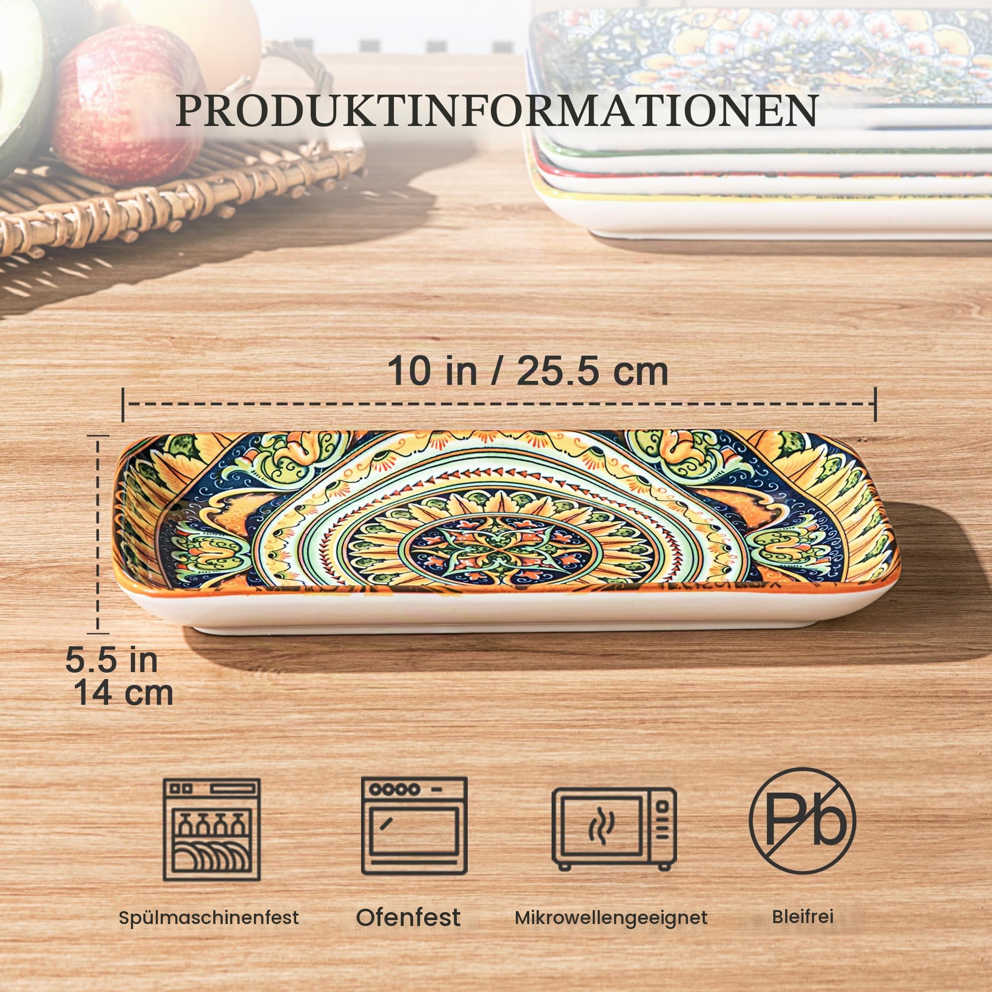 Henten Home Servierplatte 6er, Kuchenplatte Rechteckig 25.5cm/10", Servierteller für Vorspeisen, Sushi, Obst, Salat, Dessert - Mikrowellen-/Ofen-/Spülmaschinenfest - Mehrfarbig