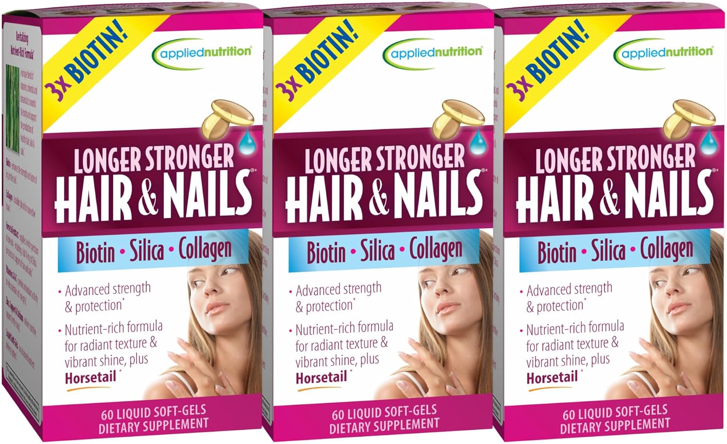 Applied Nutrition Longer Stronger Hair & Nails – 60 Liquid Soft-Gels, Pack of 3 – Biotin, Silica & Collagen – 90 Servings