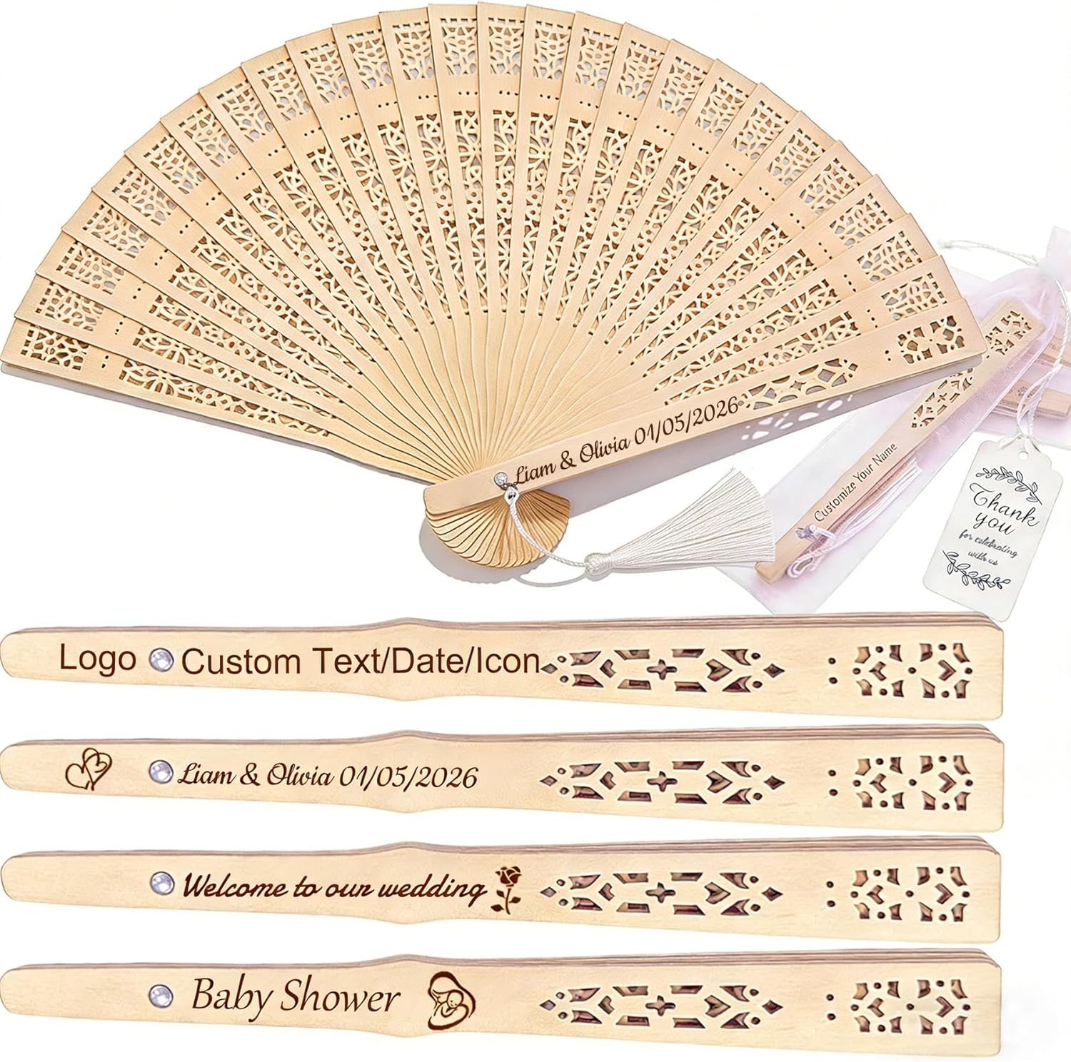 MOSADO 10-500Pcs Personalized Wedding Fans for Guests Bulk Custom Fan Wooden Folding Hand, for Wedding Graduation Birthday Party Guest (50)
