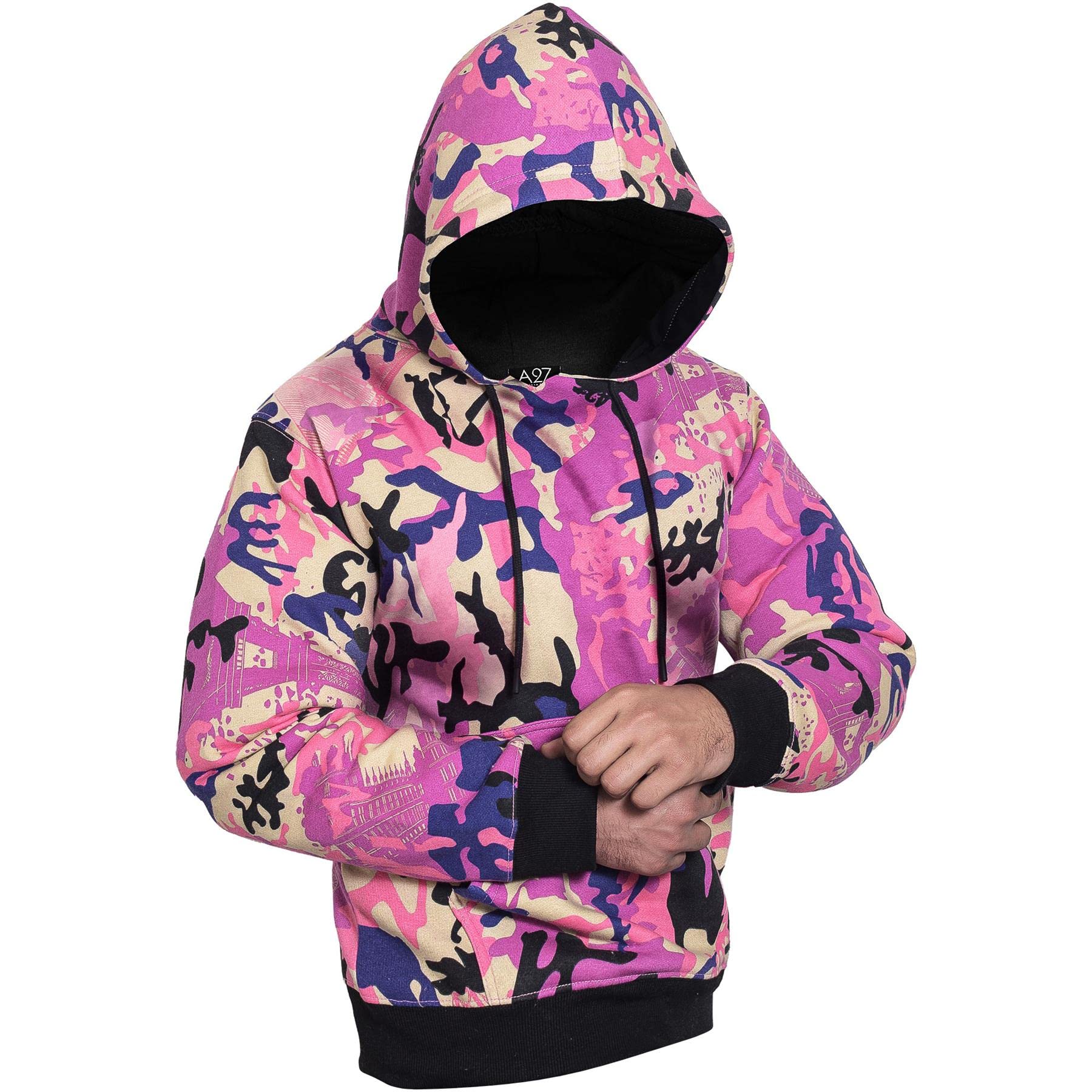 A2Z Mens Fleece Hoodie Pullover - Plain Sweatshirt Camo Baby Pink 3XL